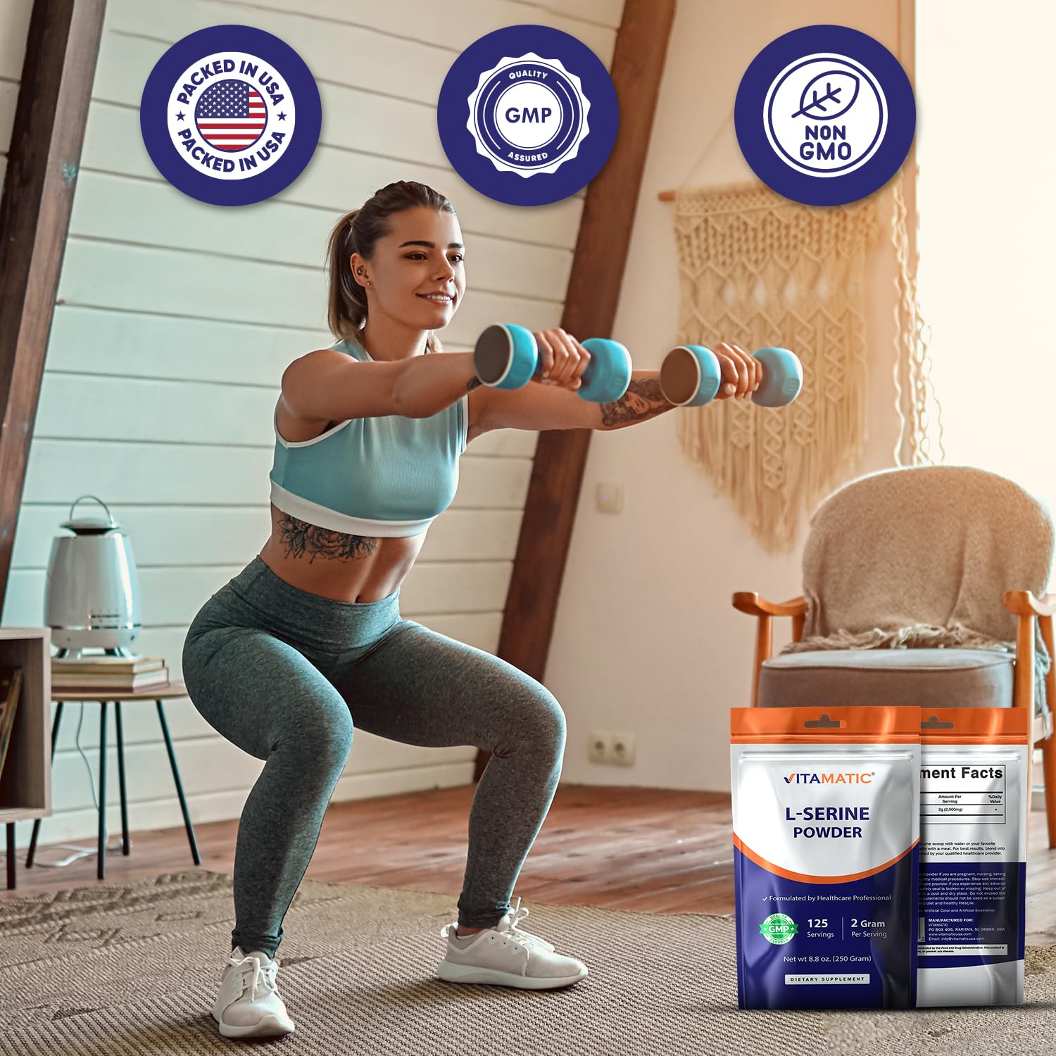 Vitamatic L-Serine Pure Powder 250 Gram | 2000 mg per Serving | 125 Servings | Unflavored | No Additives | Free of Soy, Eggs, Fish & Artificial Ingredients Vitamatic uk supplements