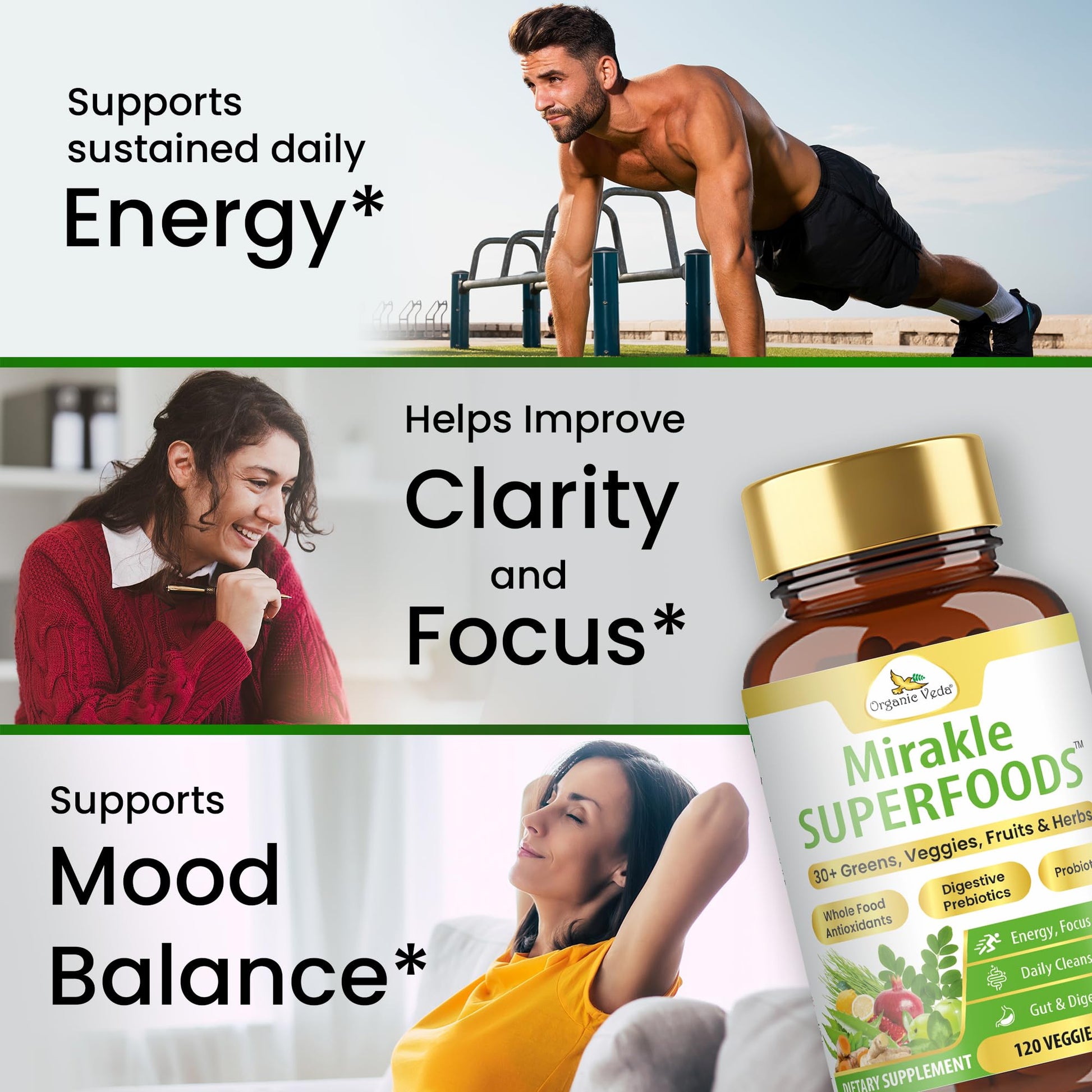 Organic Veda Mirakle Superfoods Greens Capsules - 30+ Daily Greens and Veggies Supplement with Moringa, Spirulina, Chlorella, Turmeric & Herbs, Antioxidants, Resveratrol, Probiotics - 120 Capsule Organic Veda uk supplements