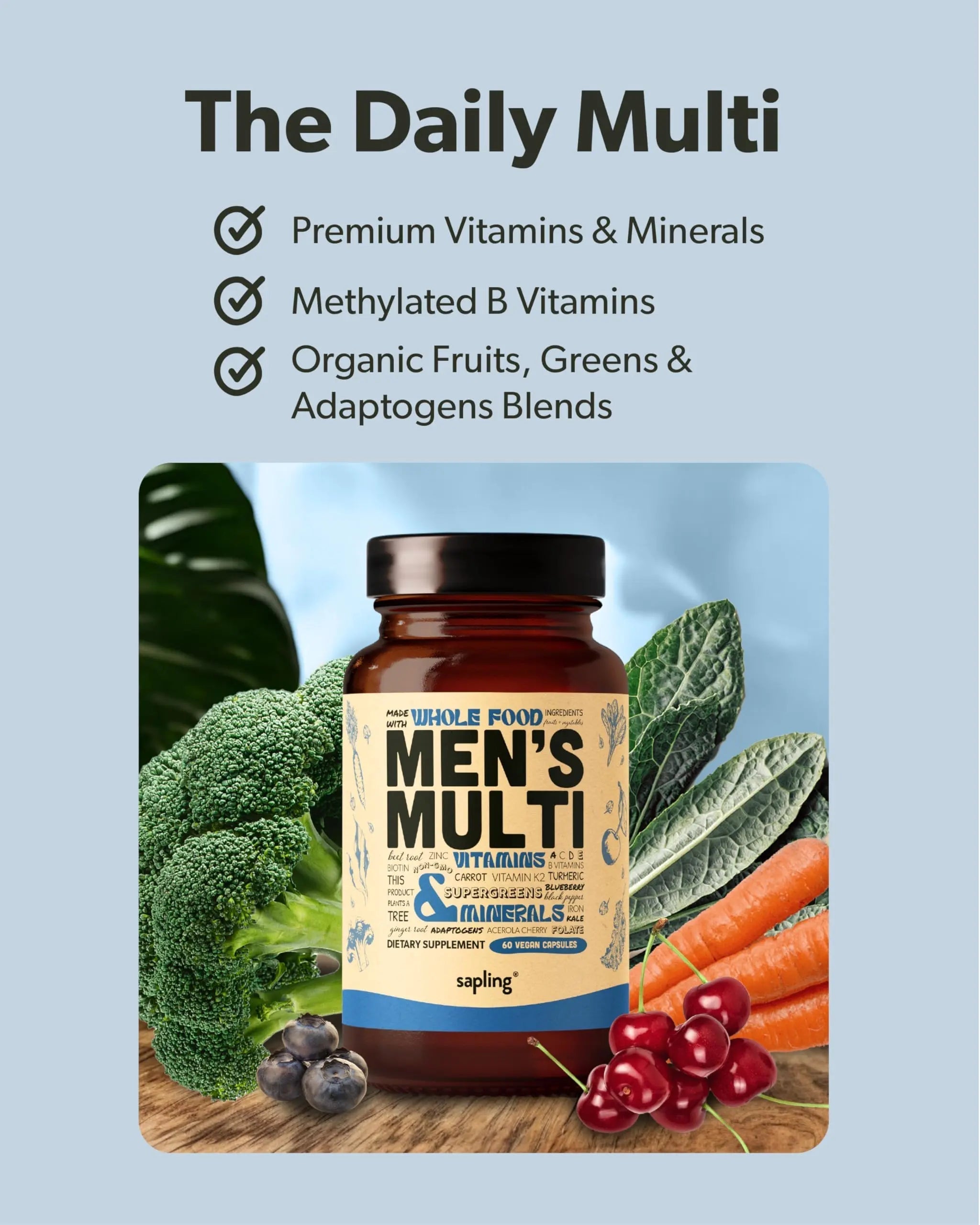 Multivitamin for Men - Daily Men’s Multivitamin - Methylated B Complex with Whole Food Ingredients, Vitamin B12, Folate sapling uk supplements