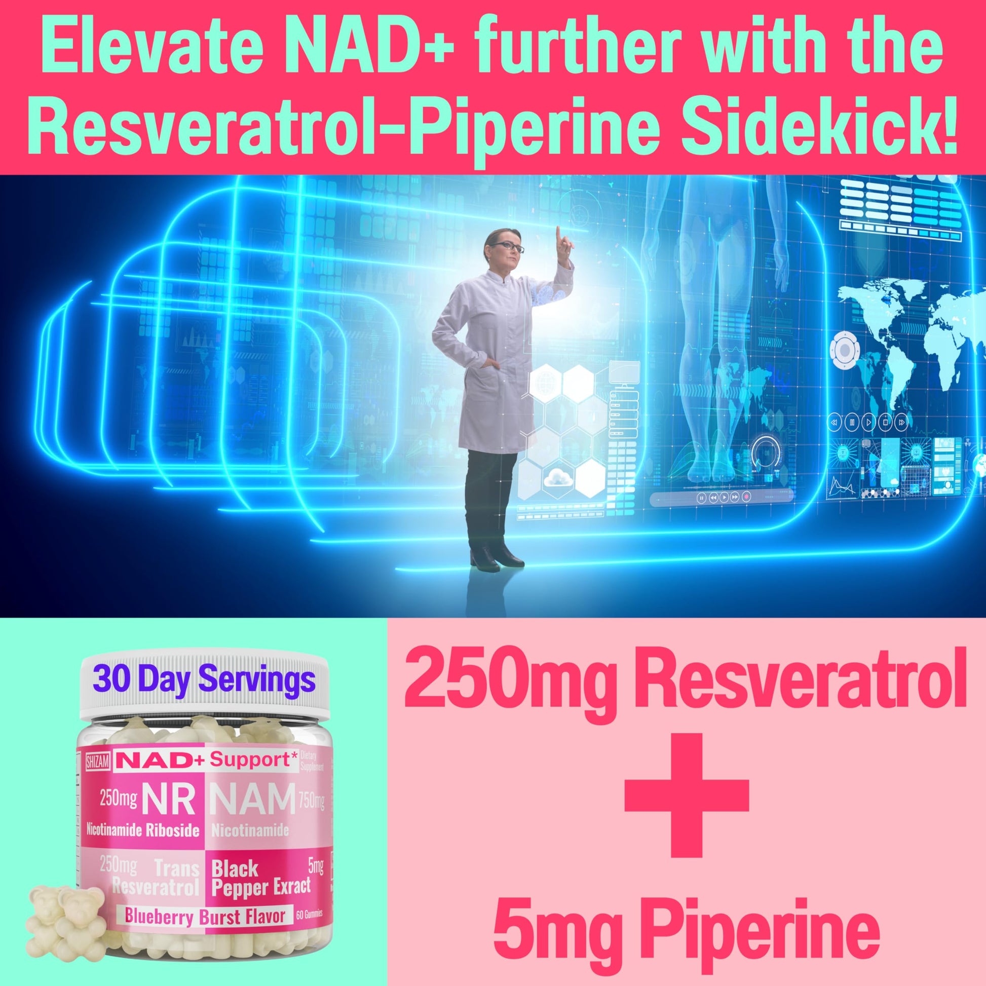 SHIZAM Nicotinamide Riboside NR NAM Resveratrol Gummies, 1000mg NAD+ NAD + Plus Nrf2 Activator Booster w Pure Niacinamide Vitamins B3 Capsules Pills Powder Supplements Alt NDA Regenerator 500mg SHIZAM uk supplements