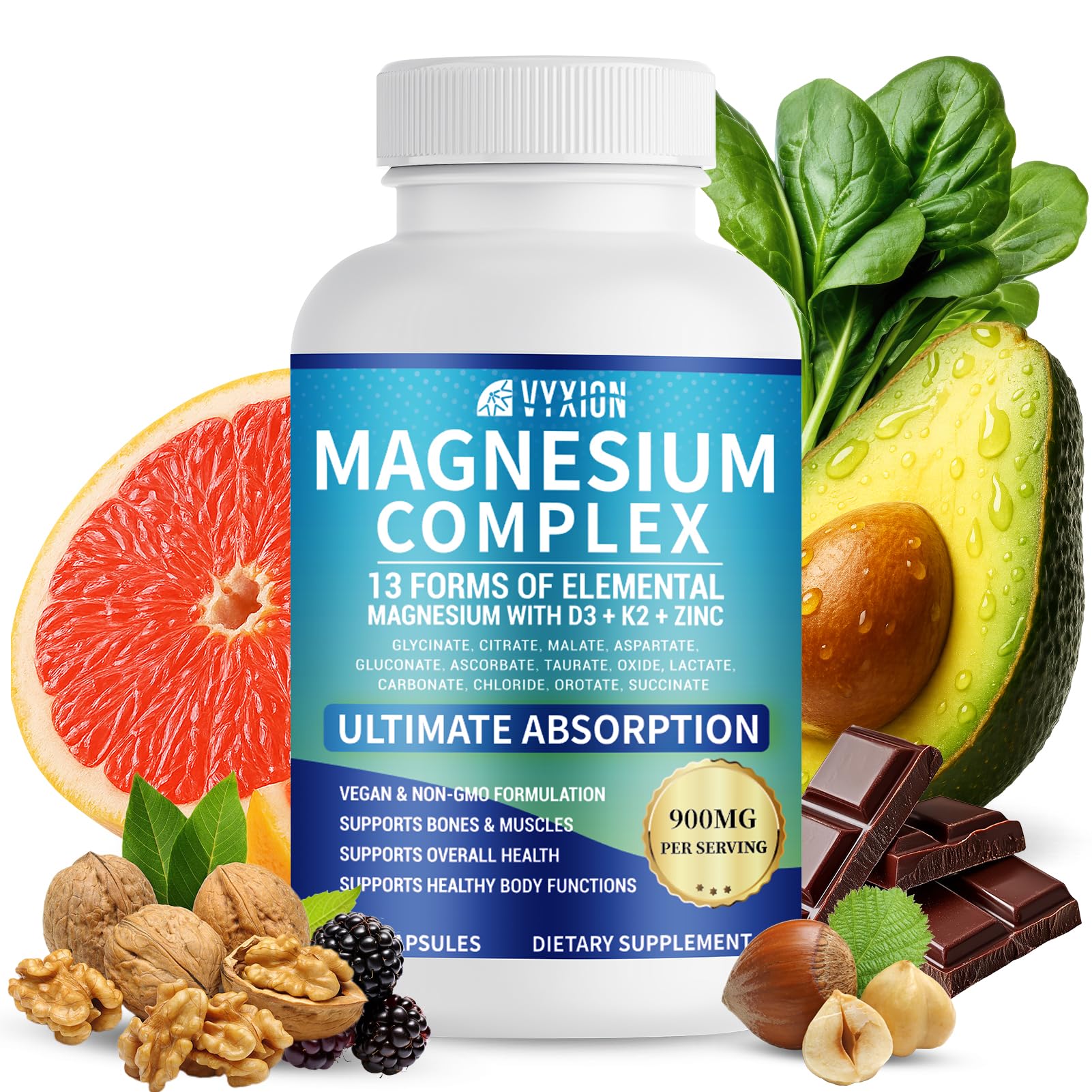 VYXION Magnesium Complex 900mg per Serving – High Absorption Magnesium Glycinate with Vitamin D3 K2 Zinc & B Vitamins – Sleep, Calm, Muscle & Nerve Support – 90 Capsules Vyxion uk supplements