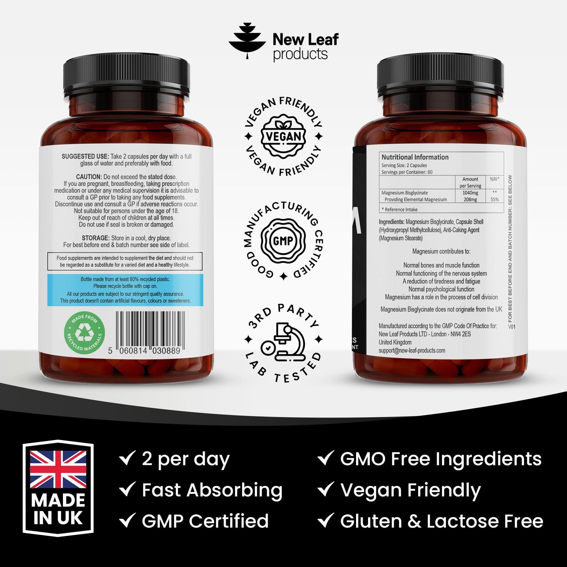 Magnesium Glycinate Supplements - 1040mg of Magnesium - 120 High Strength Capsules NEW LEAF PRODUCTS uk supplements