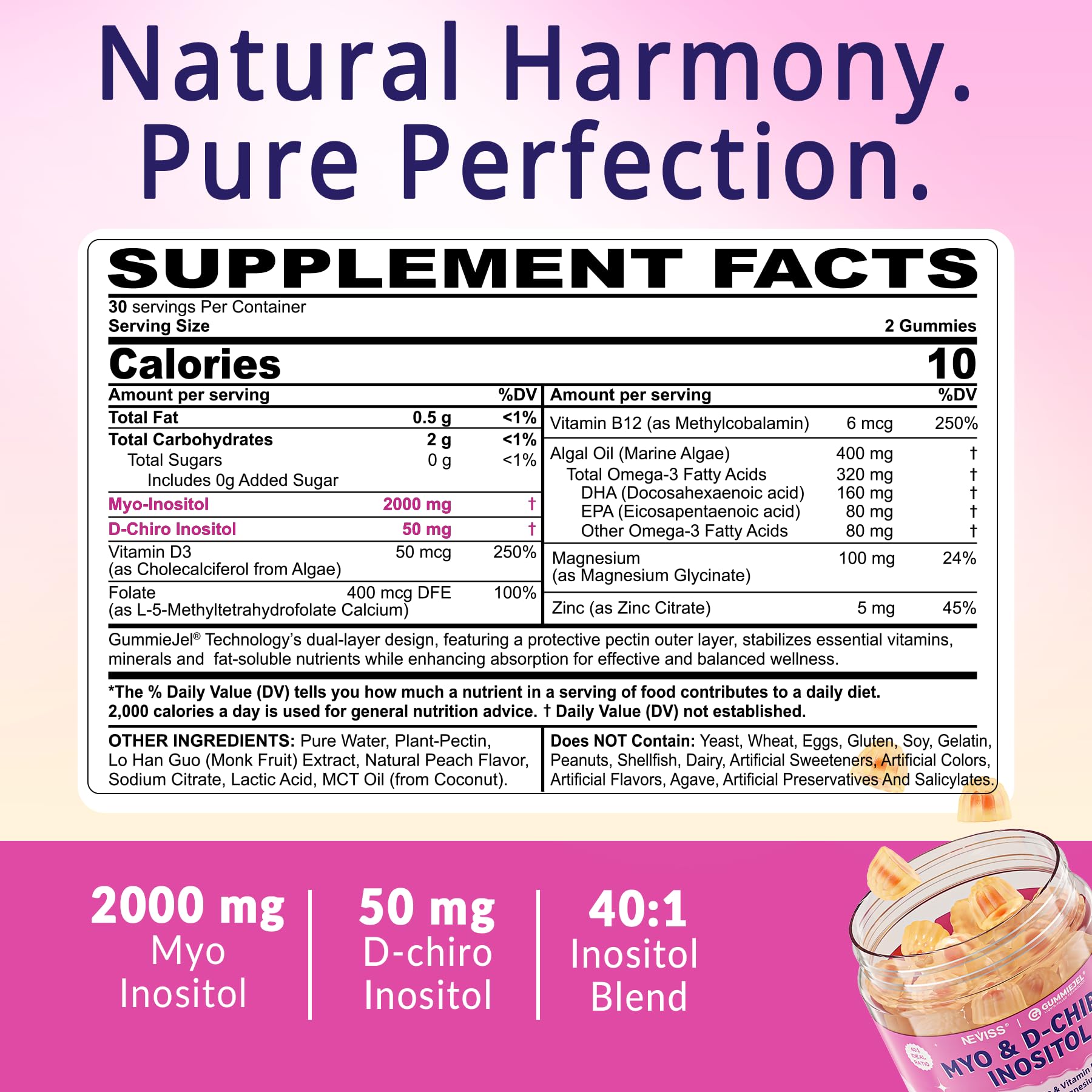Myo-Inositol & D-Chiro Inositol, Hormone Balance for Women | Sugar Free Inositol Gummies w/Omega 3, MTHF Folate, Vitamin D3, B12, Magnesium & Zinc for Ovarian Health, Ideal 40:1 Ratio, Vegan, 60 Cts NEVISS uk supplements