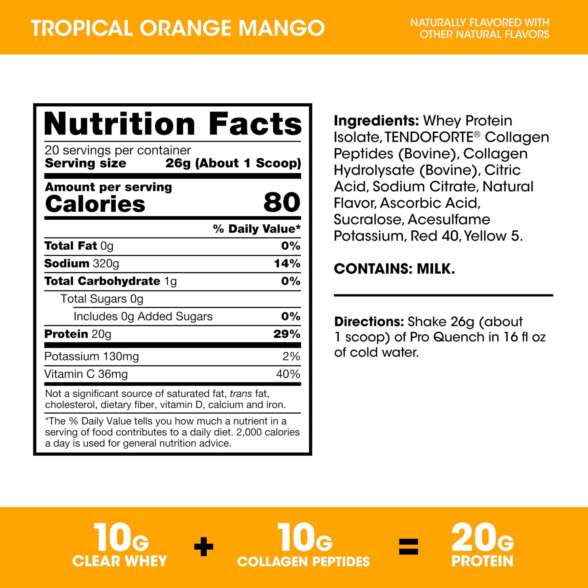 Optimum Nutrition Pro Quench, 10g Clear Protein, 10g Collagen peptides & Electrolyte Powder Drink Mix, Tropical Orange Mango, 20 Servings, Optimum Nutrition uk supplements