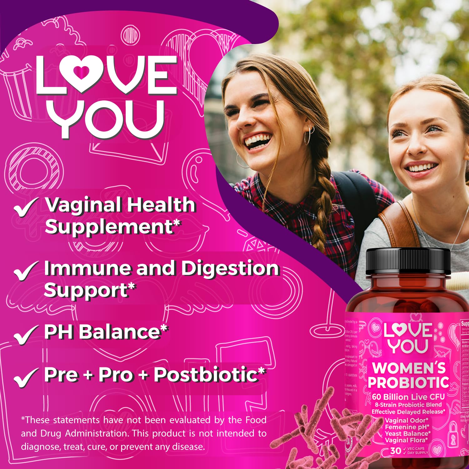 Love You Womens Probiotic, Ph Balance, Ut, Feminine, Vaginal Health Supplement, Digestive, Pre + Pro + Postbiotic, Delayed Release, 60 Billion Live CFU, 8-Strain Probiotic Blend, 30 Veg Caps Servings Love You uk supplements