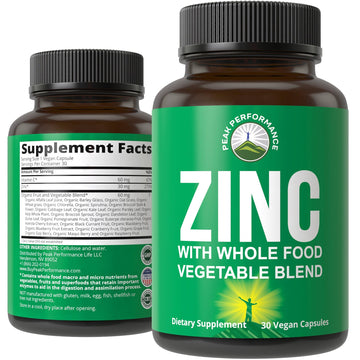 Vegan Zinc Supplement with Vitamin C + Whole Food Blend of 25 Vegetables and Fruits for Max Absorption. Zinc Supplements 30mg Capsules, Pills, Tablets, Vitamins for Adults Both Men and Women Peak Performance uk supplements