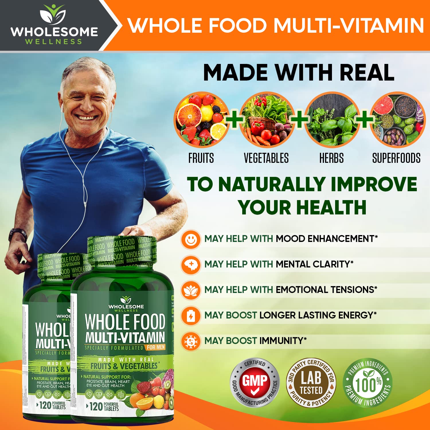 Whole Food Multivitamin for Men - Natural Multi Vitamins, Minerals, Organic Extracts Wholesome Wellness uk supplements