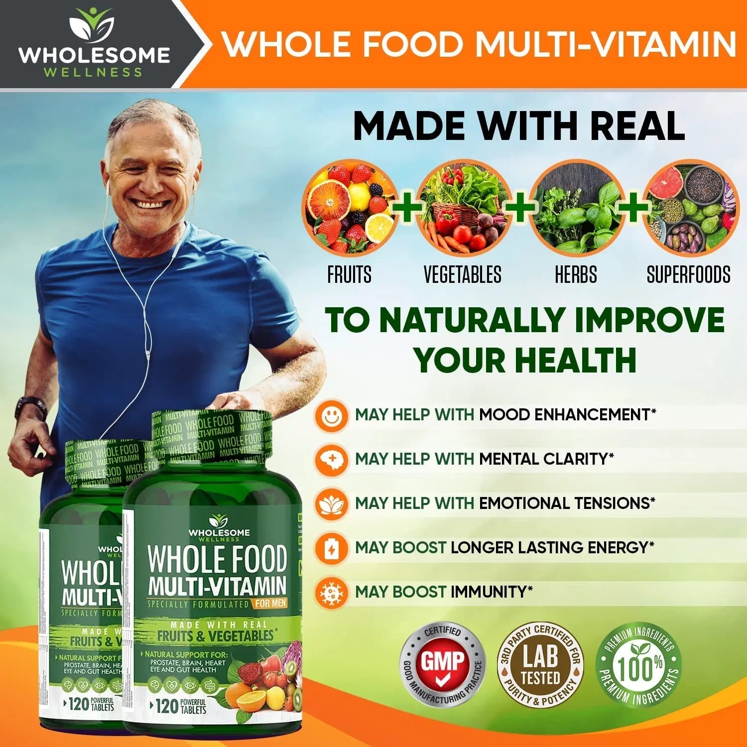 Wholesome Wellness Whole Food Multivitamin for Men - Natural Multi Vitamins, Minerals, Organic Extracts - Vegan Vegetarian - 120 Tablets Wholesome Wellness uk supplements