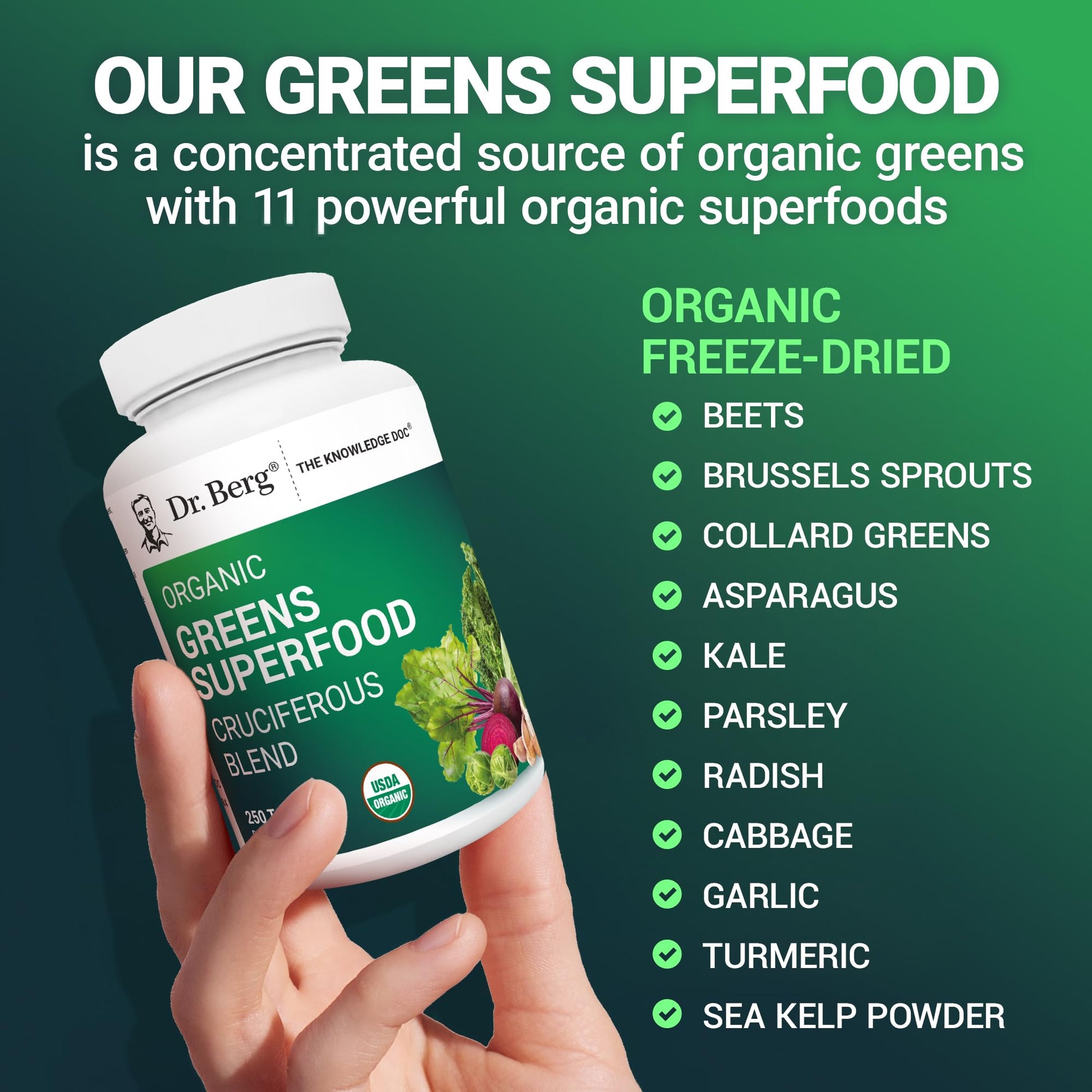 Dr. Berg's Greens Superfood Cruciferous Vegetable Tablets - Vegetable Supplements for Adults w/ 11 Phytonutrient Super Greens Tablets - Energy, Immune System & Liver Veggie Tablets - 250 Tablets Dr. Berg Nutritionals uk supplements