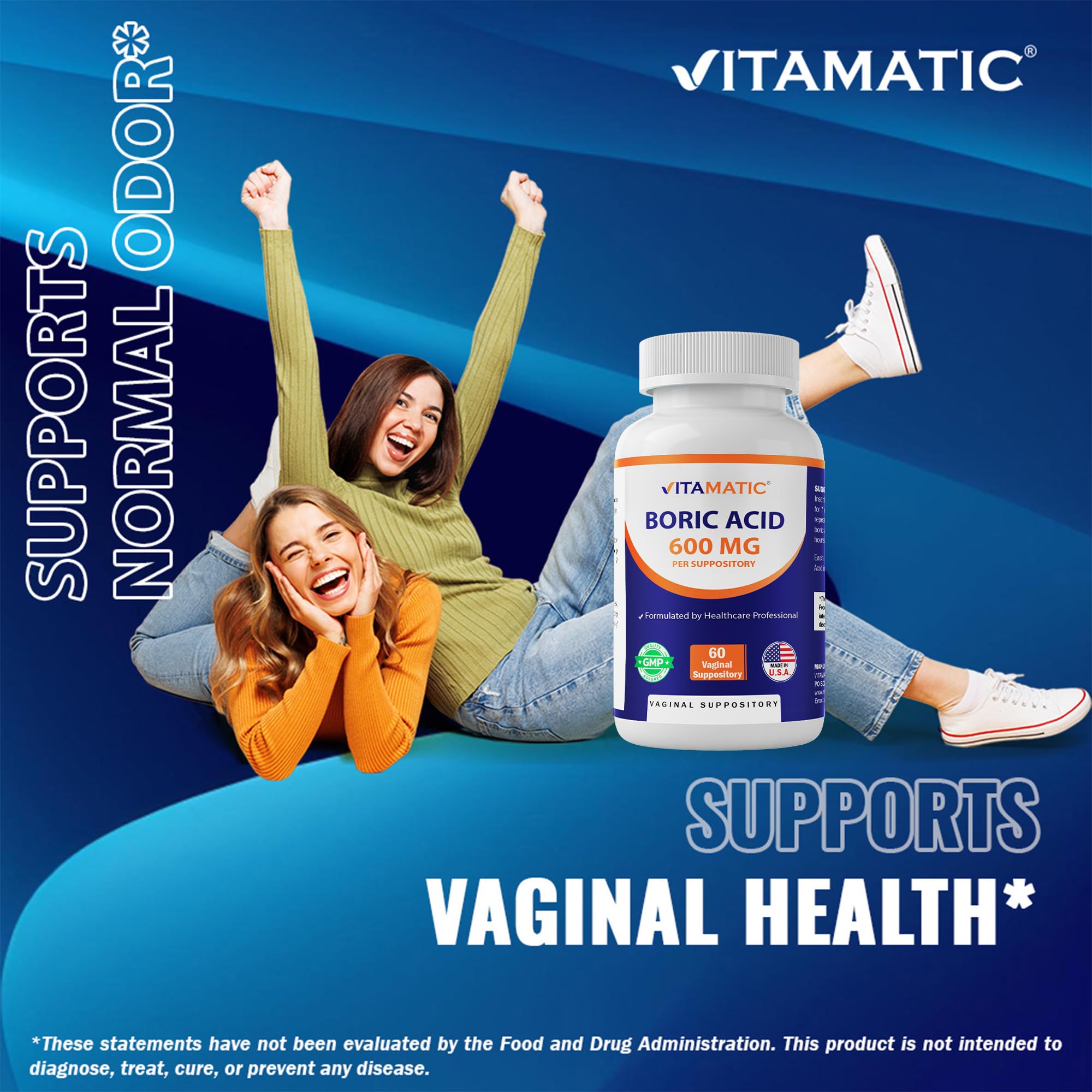 Vitamatic Boric Acid Vaginal Capsule Shell Suppositories 600 mg USP Grade Boric Acid in Vegetarian Capsule Shell - 60 Count Vitamatic uk supplements