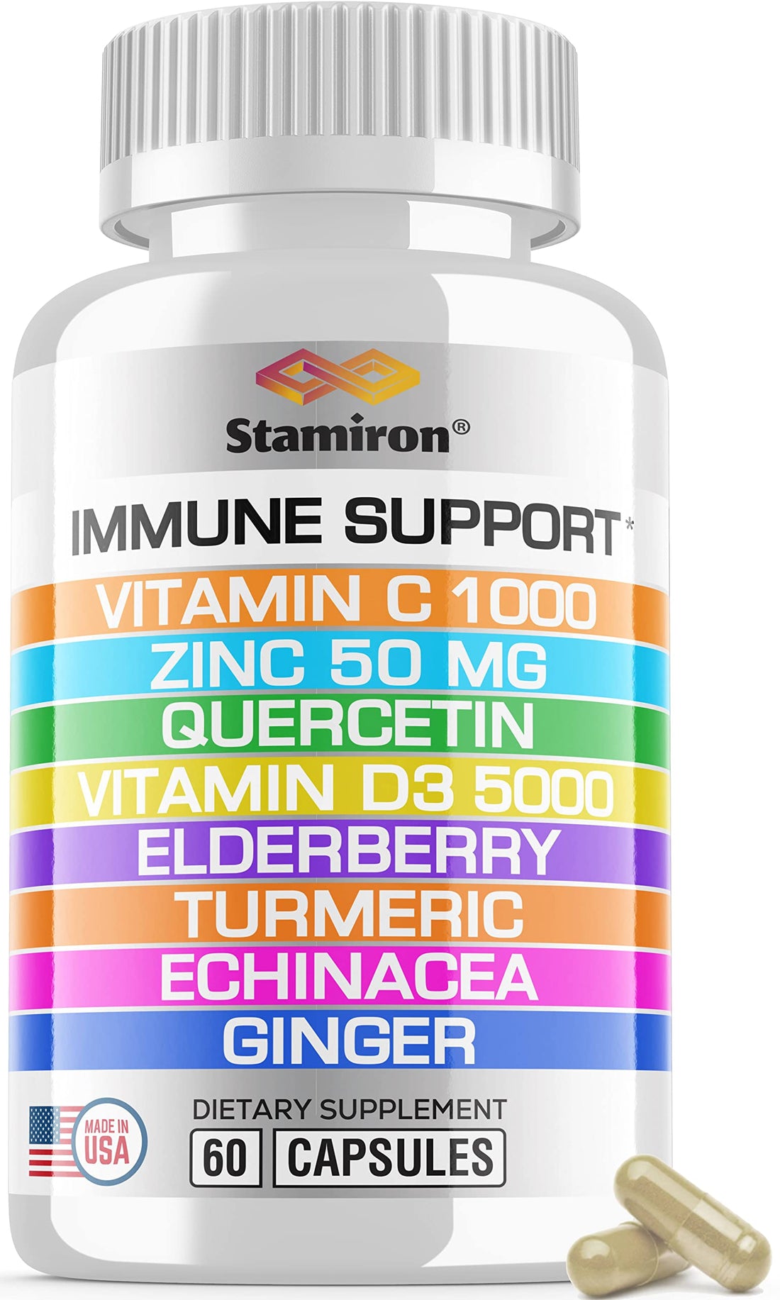 8 in 1 Immune Support with Quercetin Zinc 50mg Vitamin C 1000mg Vitamin D3 5000 IU and Elderberry Echinacea Ginger for Adults Kids - VIT D Supplement Veg Capsules Stamiron uk supplements