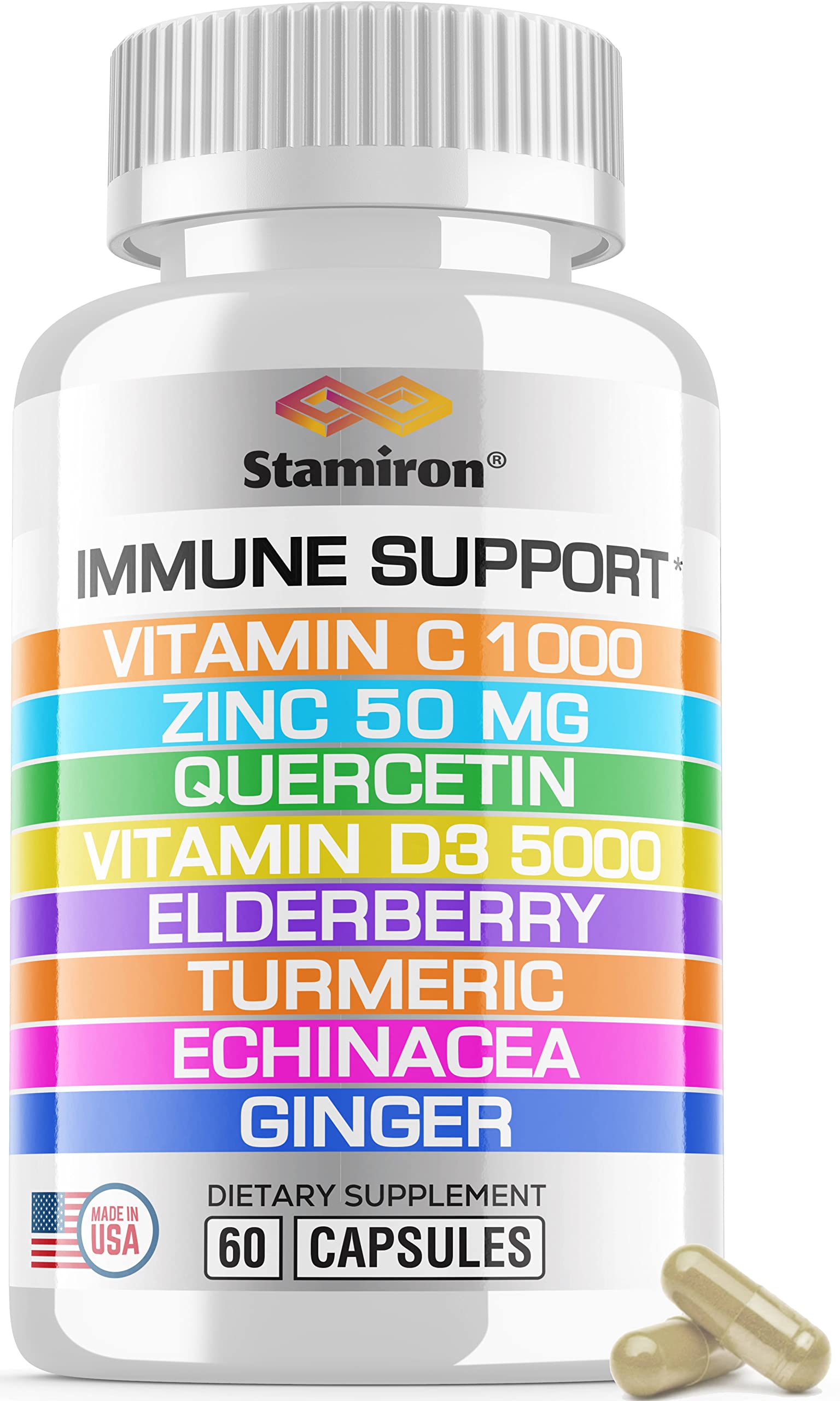 8 in 1 Immune Support with Quercetin Zinc 50mg Vitamin C 1000mg Vitamin D3 5000 IU and Elderberry Echinacea Ginger for Adults Kids - VIT D Supplement Veg Capsules Stamiron uk supplements