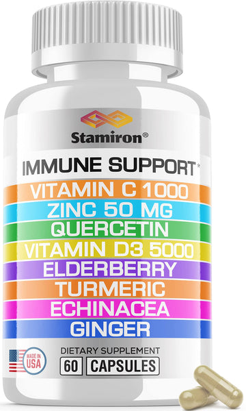 8 in 1 Immune Support with Quercetin Zinc 50mg Vitamin C 1000mg Vitamin D3 5000 IU and Elderberry Echinacea Ginger for Adults Kids - VIT D Supplement Veg Capsules Stamiron uk supplements