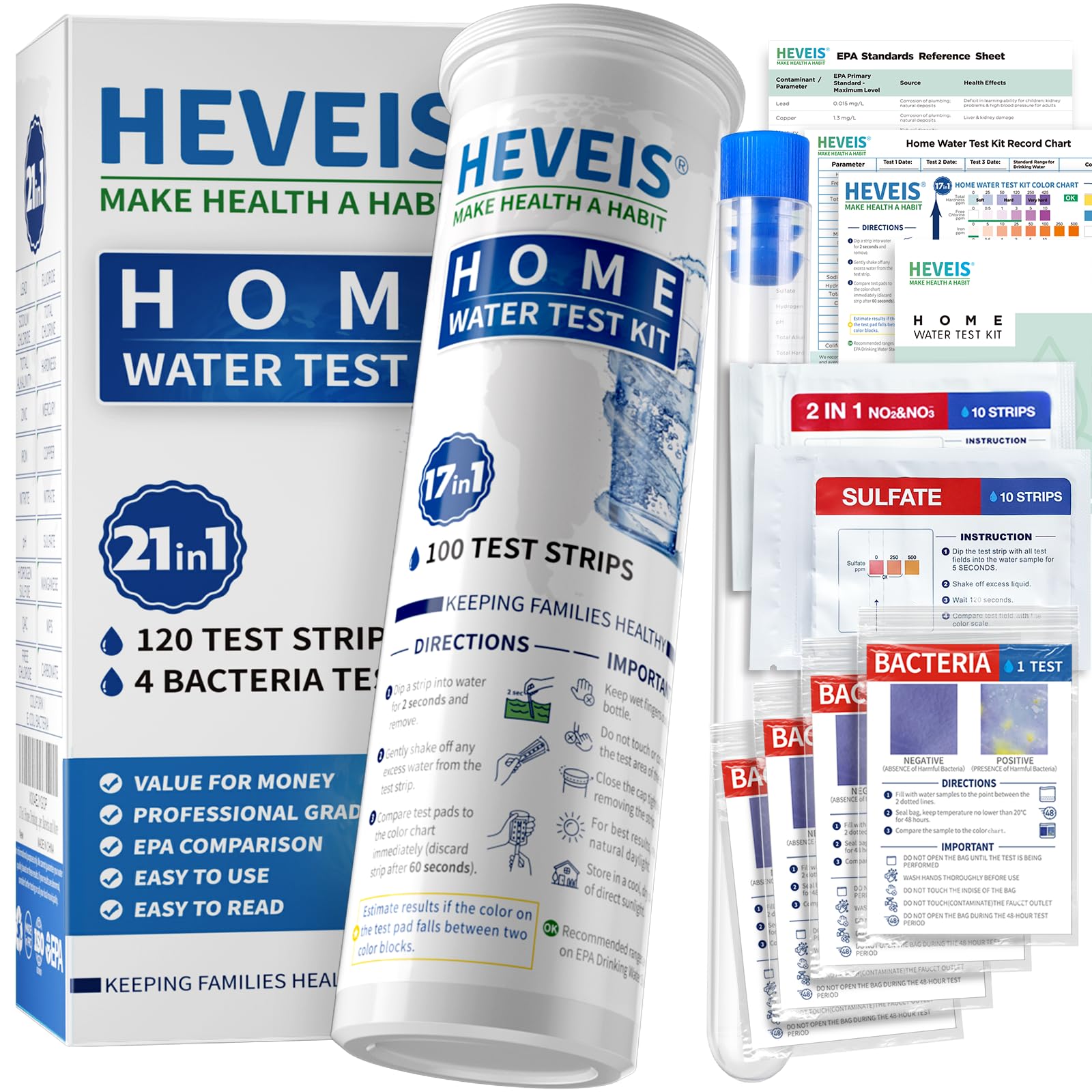 21-in-1 Home Drinking Water Testing Kit - 120 Strips + 4 Bacteria Tests - Tap and Well Water Test Kit, Easy to Test and Read for Hardness, Lead, Iron, Fluoride, pH, Copper, Bacteria and More HEVEIS uk supplements