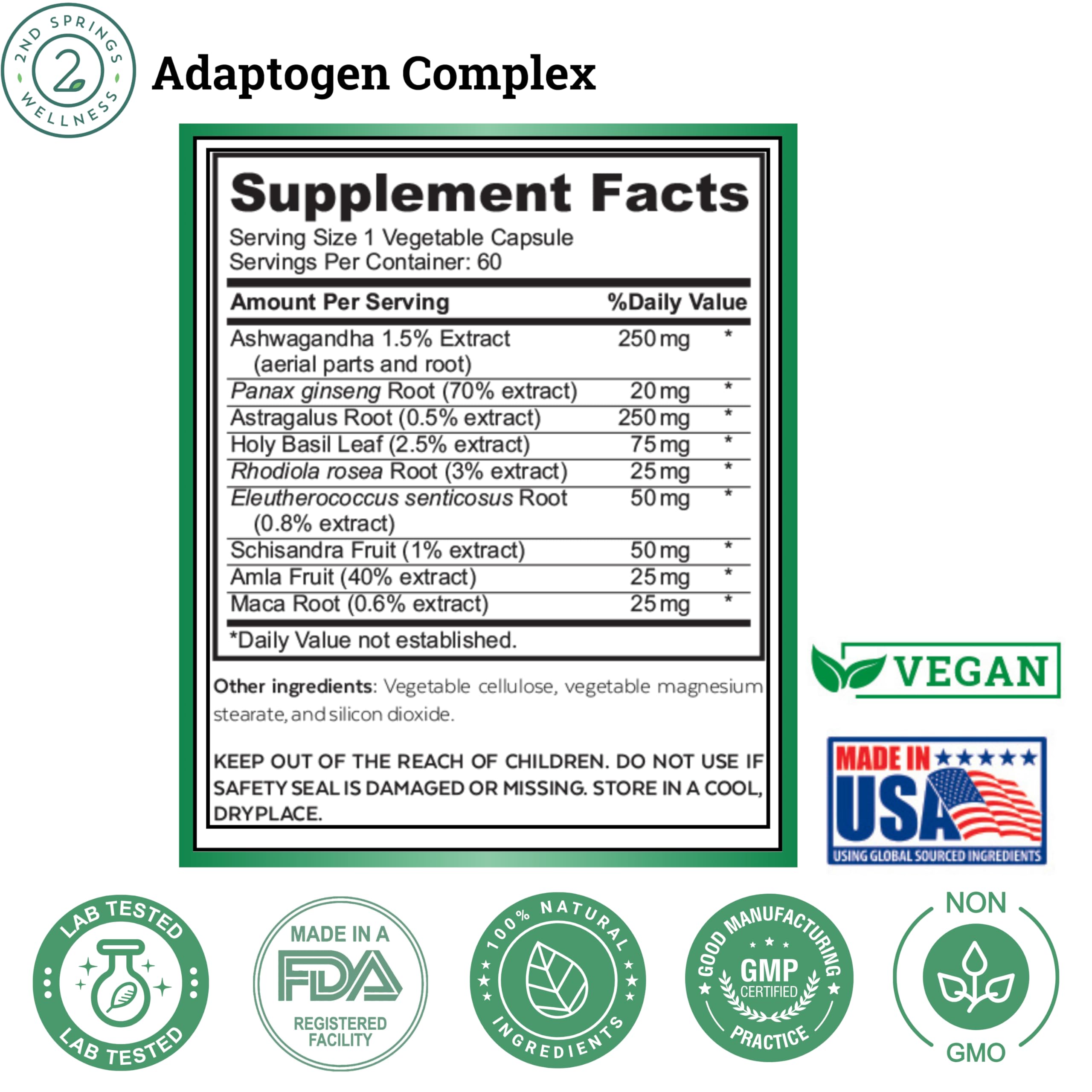 2nd Springs Adaptogen Complex Calmness, Energy and Vitality Booster - Ashwagandha, Schisandra, Astragalus, Ginseng, Rhodiola, and More - Adrenal Support Supplements - 60 Ct 2nd Springs uk supplements