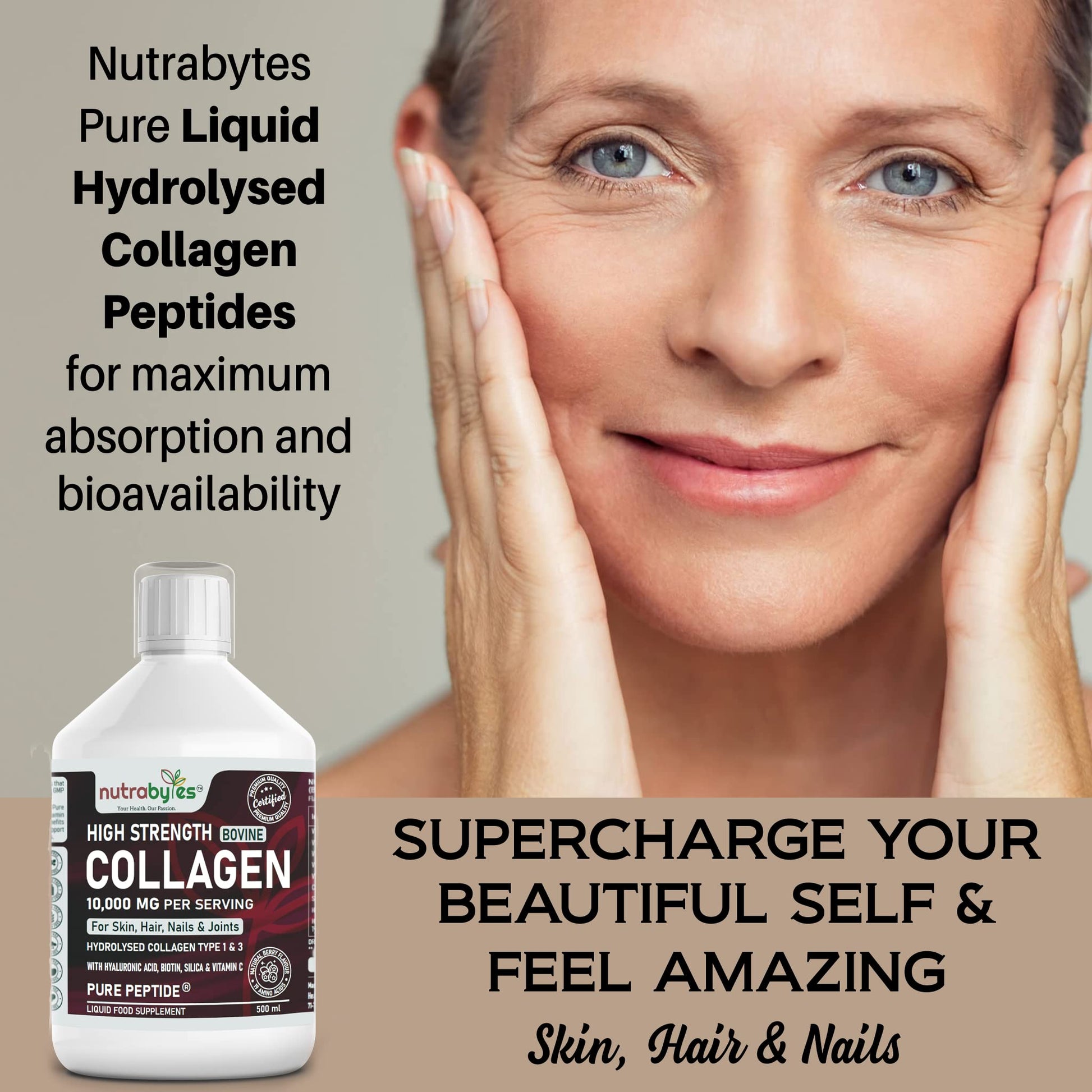 Collagen Liquid 10000mg, Hydrolysed Peptides | Hyaluronic Acid, Biotin, Silica, Vitamin C, Vitamin B12 NUTRABYTES uk supplements
