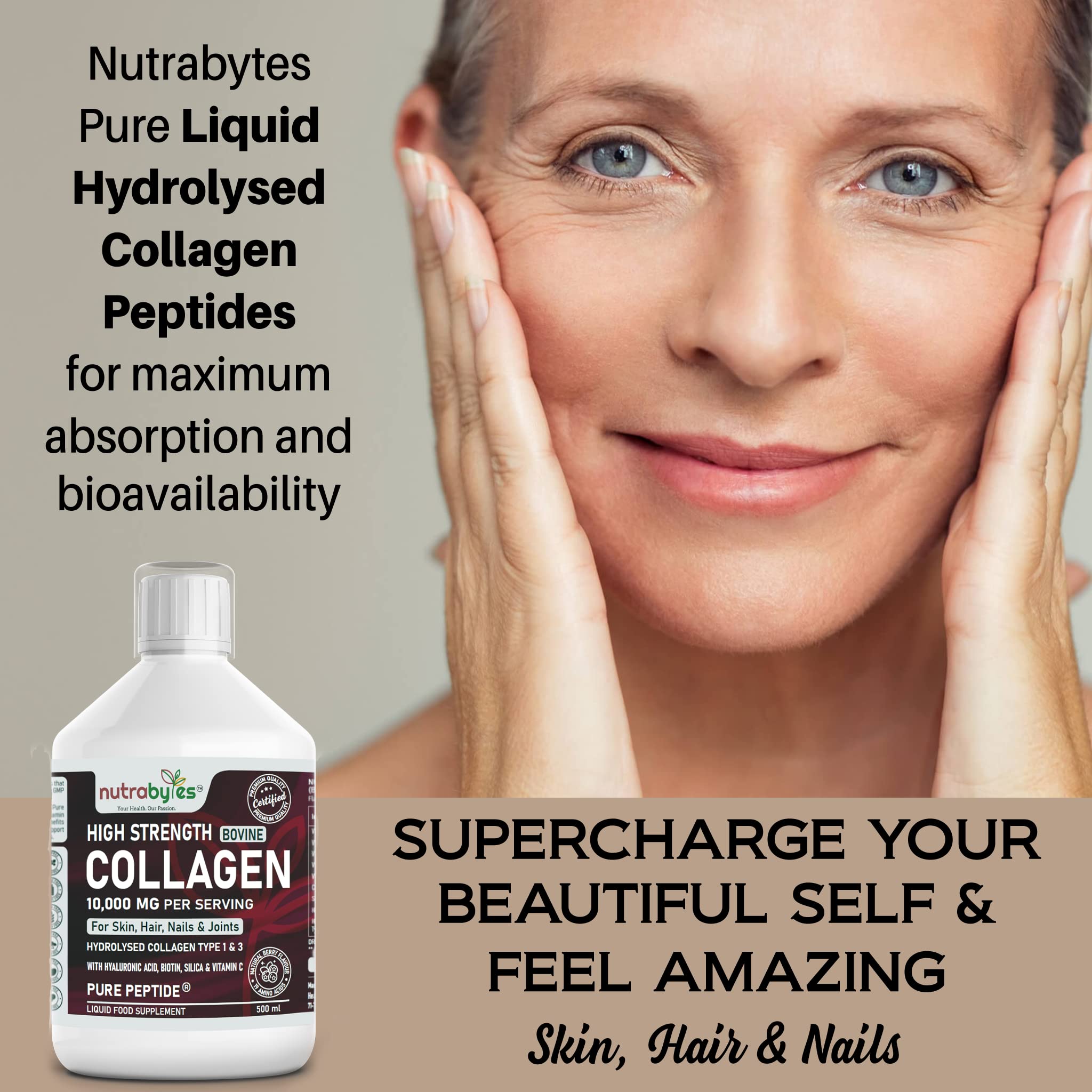 Collagen Liquid 10000mg, Hydrolysed Peptides | Hyaluronic Acid, Biotin, Silica, Vitamin C, Vitamin B12 NUTRABYTES uk supplements