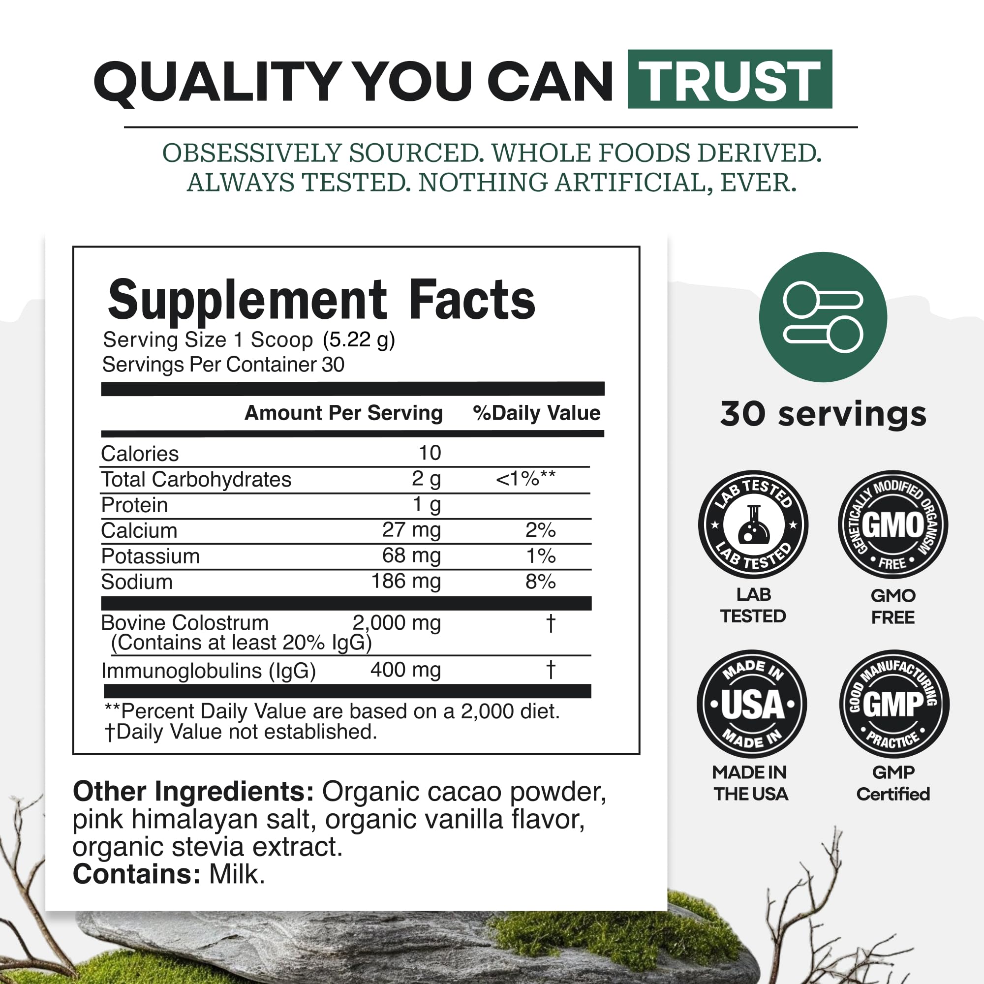 Colostrum Supplement - Grass Fed Pure Bovine Colostrum Powder - 2000mg & 400mg IgG (calostro bovino) - Gut, Immunity, Skin, Hair Support - Sugar Free, Natural Cacao Flavour, 30 Servings Wild Foods uk supplements