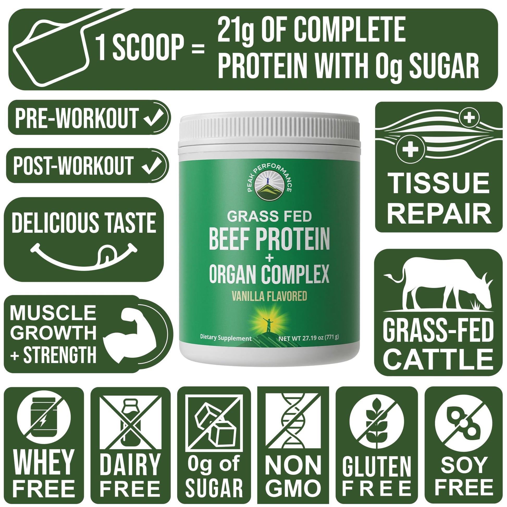 Grass Fed Beef Protein Powder + Organ Complex. Lactose Free Great Tasting Beef Protein Isolate. Animal Based Non Dairy No Whey Paleo Carnivore Supplement for Muscle Building. Vanilla Flavor Peak Performance uk supplements