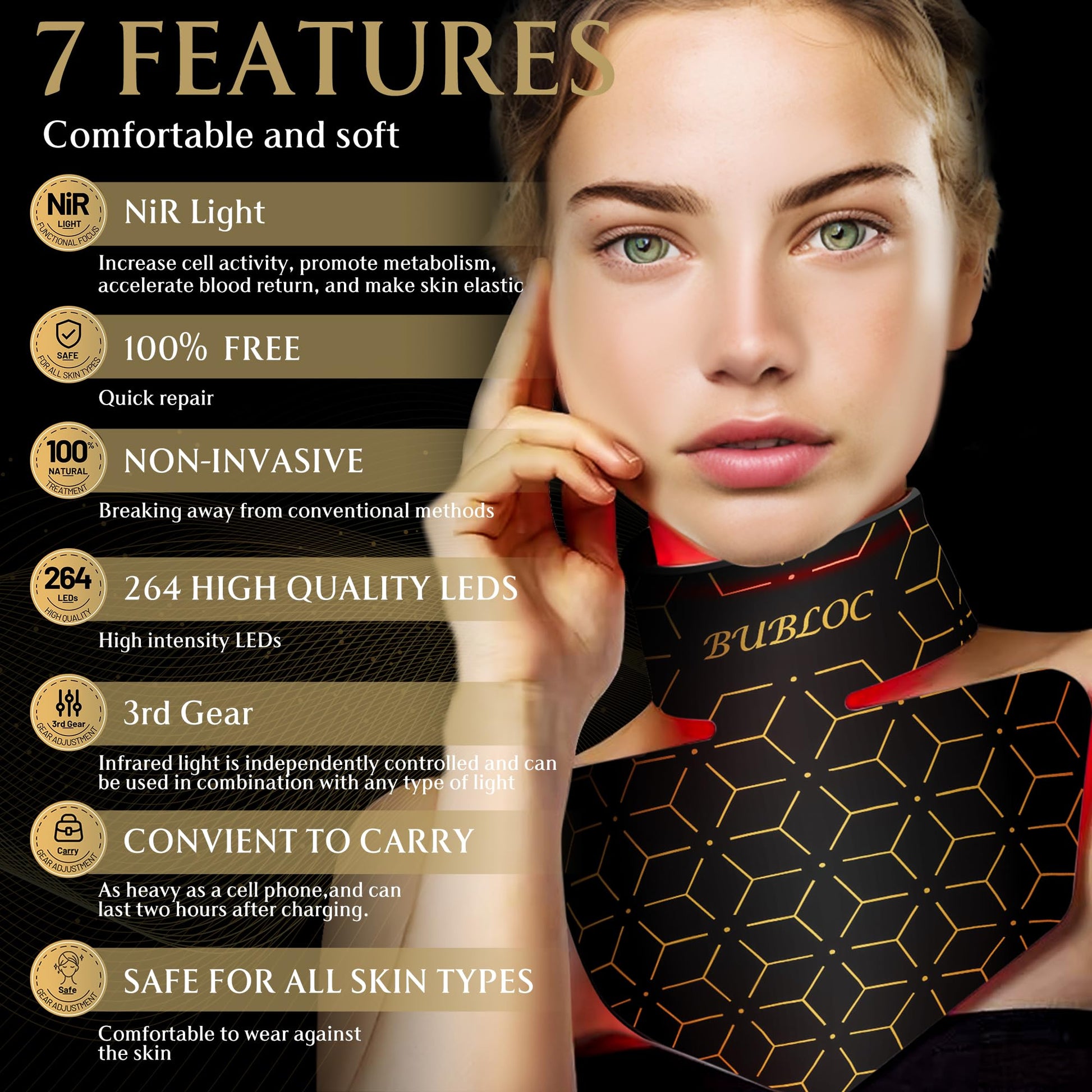 Upgraded Red Light Therapy Mask for Neck & Décolleté, 850 nm Wireless Infrared Light Therapy Suitable BUBLOC uk supplements