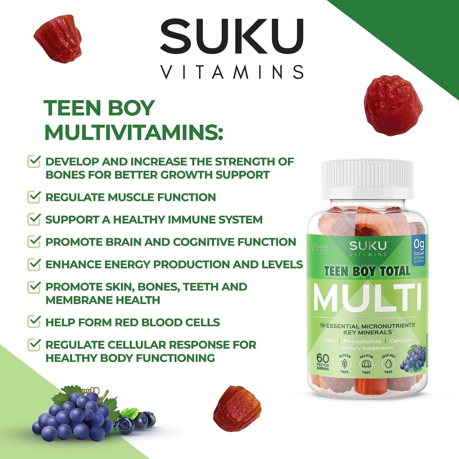 SUKU Teen Boy Multivitamin Gummies – Vitamins A, B12, C, D3, E, Zinc & Biotin – Sugar-Free Vegetarian Supplement SUKU uk supplements
