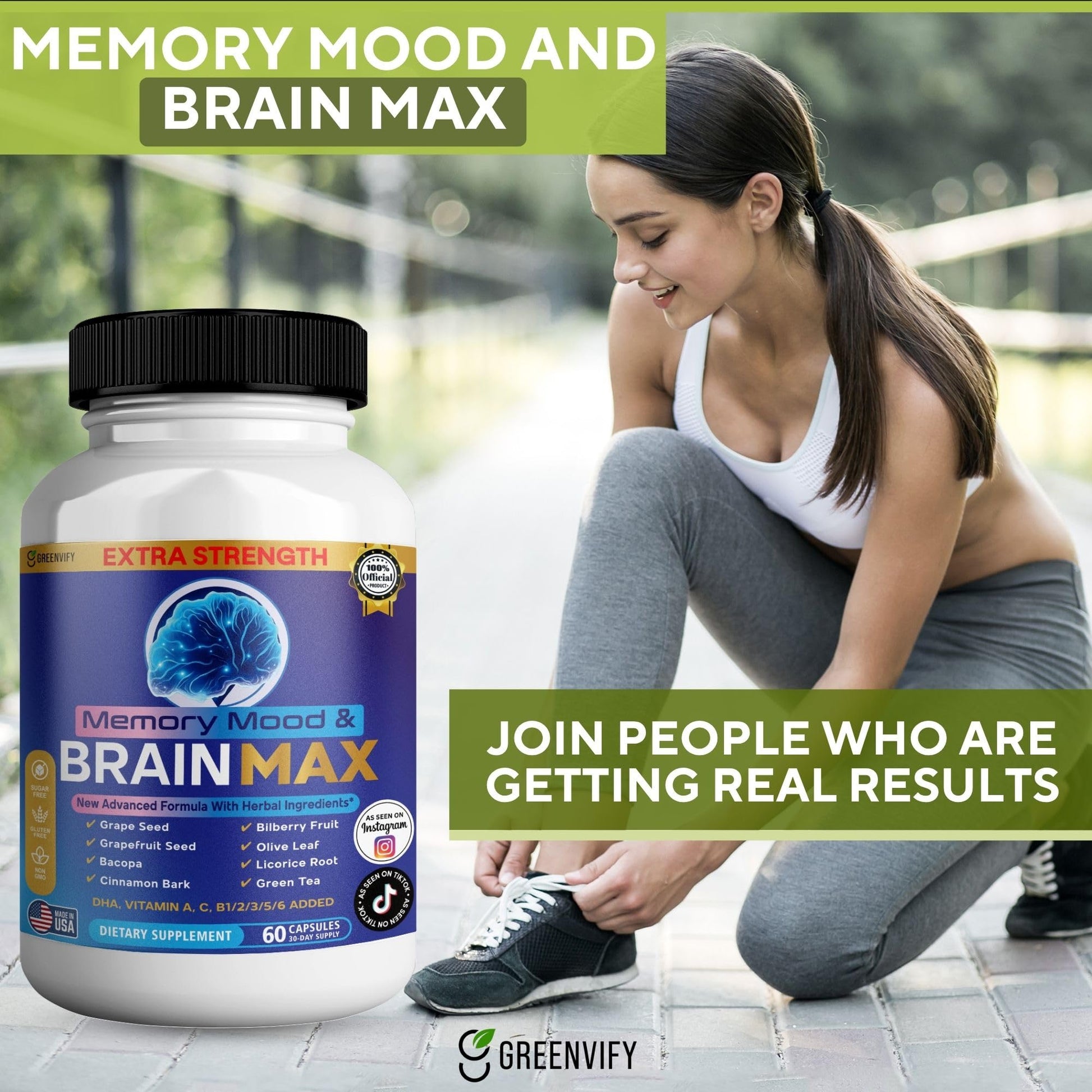 Memory, Mood & Brain Max Extra Strength Supplement with Herbal Ingredients, 60 Capsules, DHA, Vitamins, Bacopa, Green Tea (1) GREENVIFY uk supplements