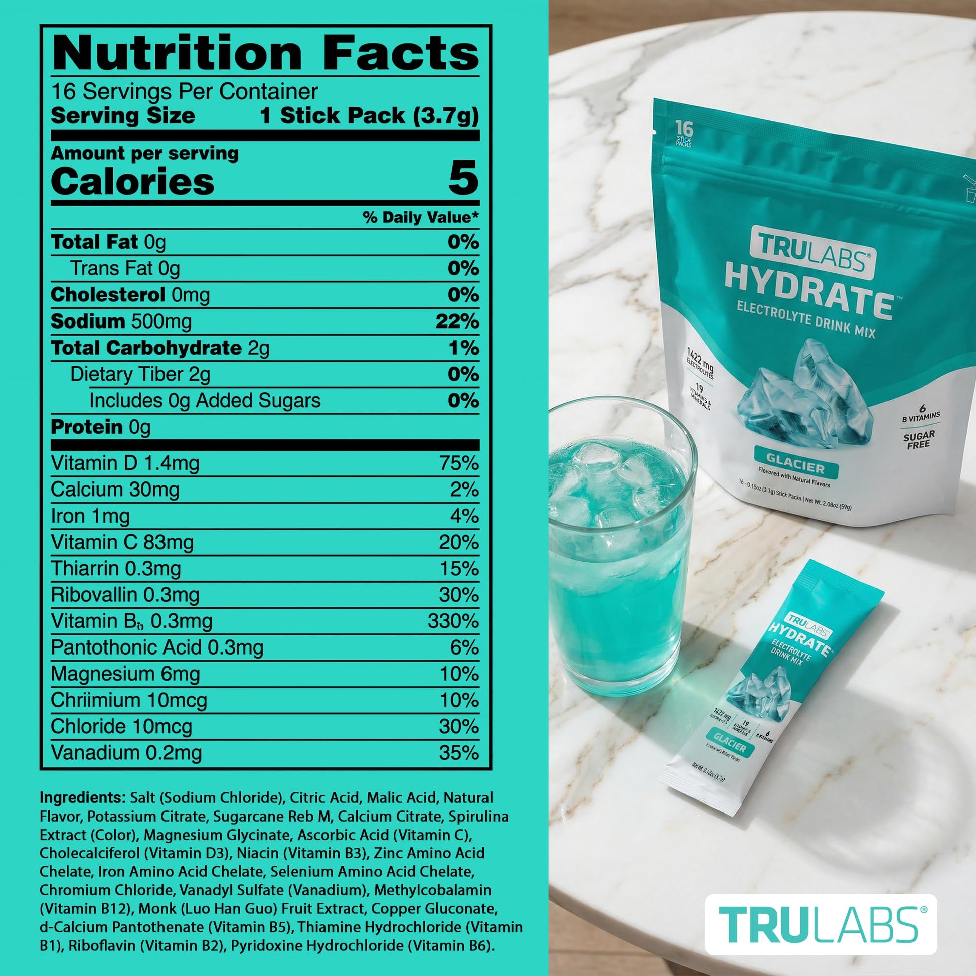 TRULABS Hydrate Electrolyte Drink Mix – Glacier Flavor, Sugar-Free Hydration Packets with 1422 mg Electrolytes & 19 Vitamins & Minerals, Monk Fruit Sweetened, On-the-Go Sticks (16 Count) TRULABS uk supplements