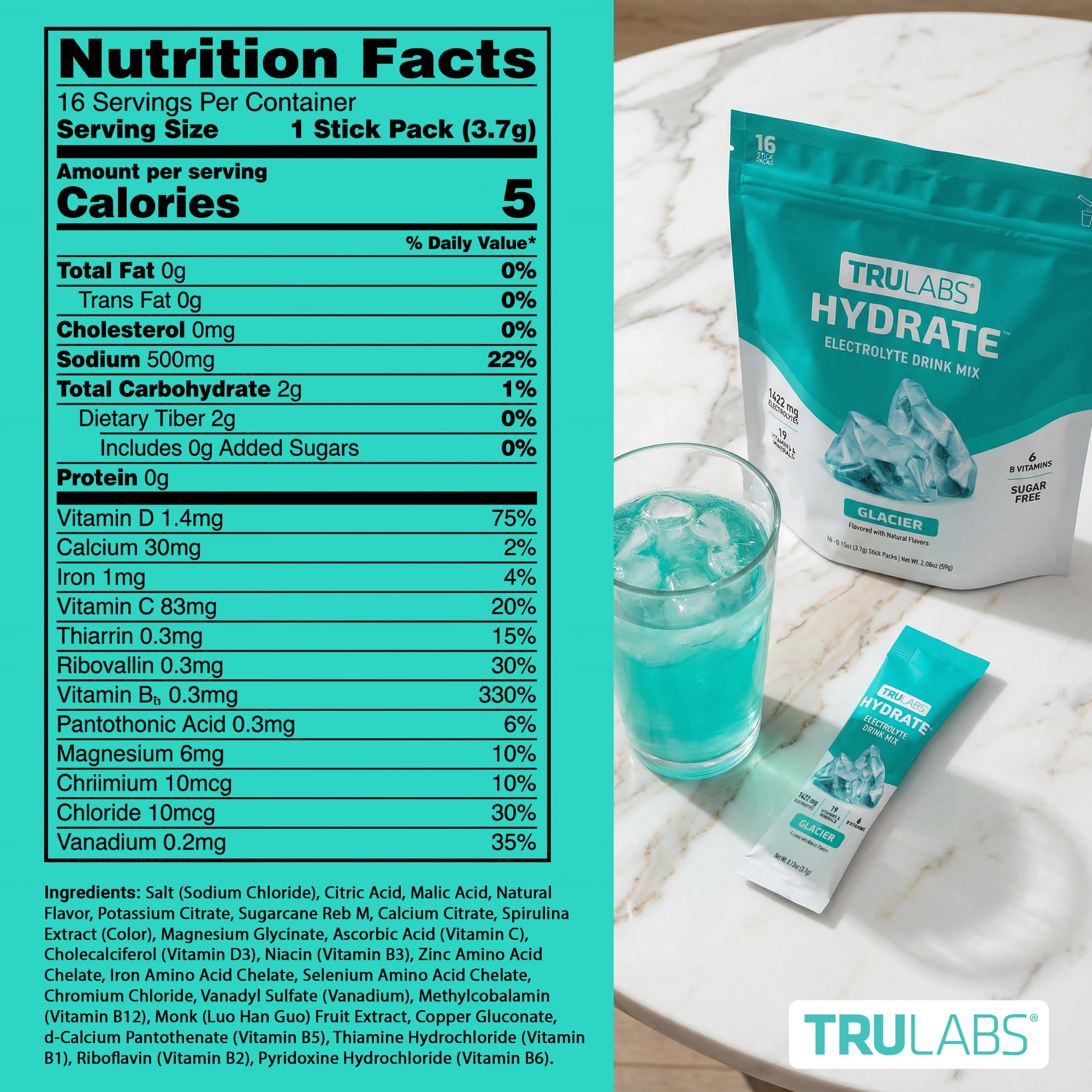 TRULABS Hydrate Electrolyte Drink Mix – Glacier Flavor, Sugar-Free Hydration Packets with 1422 mg Electrolytes & 19 Vitamins & Minerals, Monk Fruit Sweetened, On-the-Go Sticks (16 Count) TRULABS uk supplements