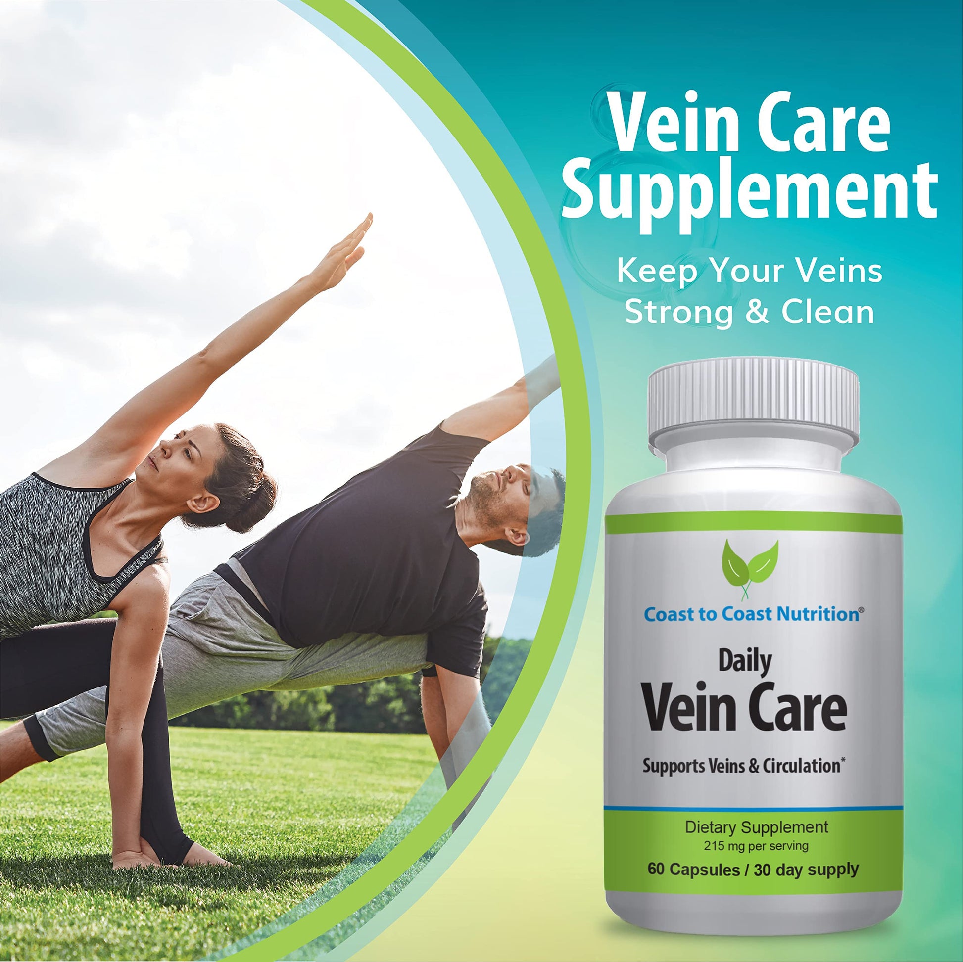 Coast to Coast Nutrition Daily Vein Care Supplement Capsules — Circulation Formula with a Natural Blend of Calcium, Vitamin D3, Vitamin K2 Plus BioPerine for Max Absorption Vein Formula — 60 Capsules Coast to Coast Nutrition uk supplements