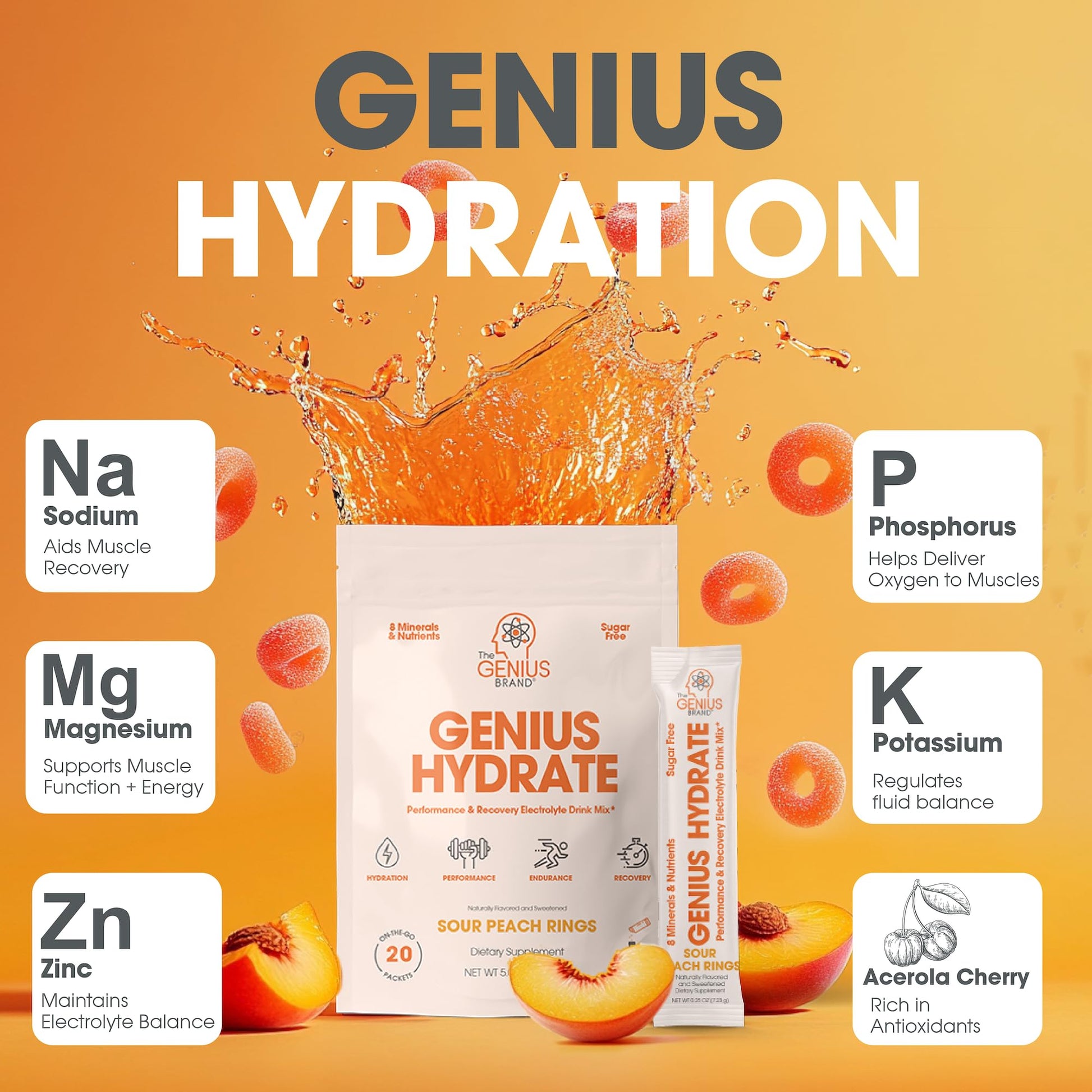 The Genius Brand Genius Hydrate - Electrolyte Supplement for Daily Hydration - Coconut Water - Sugar-Free - 8 Essential Minerals & Nutrients - Non-GMO - Sour Peach Rings - 20 Servings The Genius Brand uk supplements