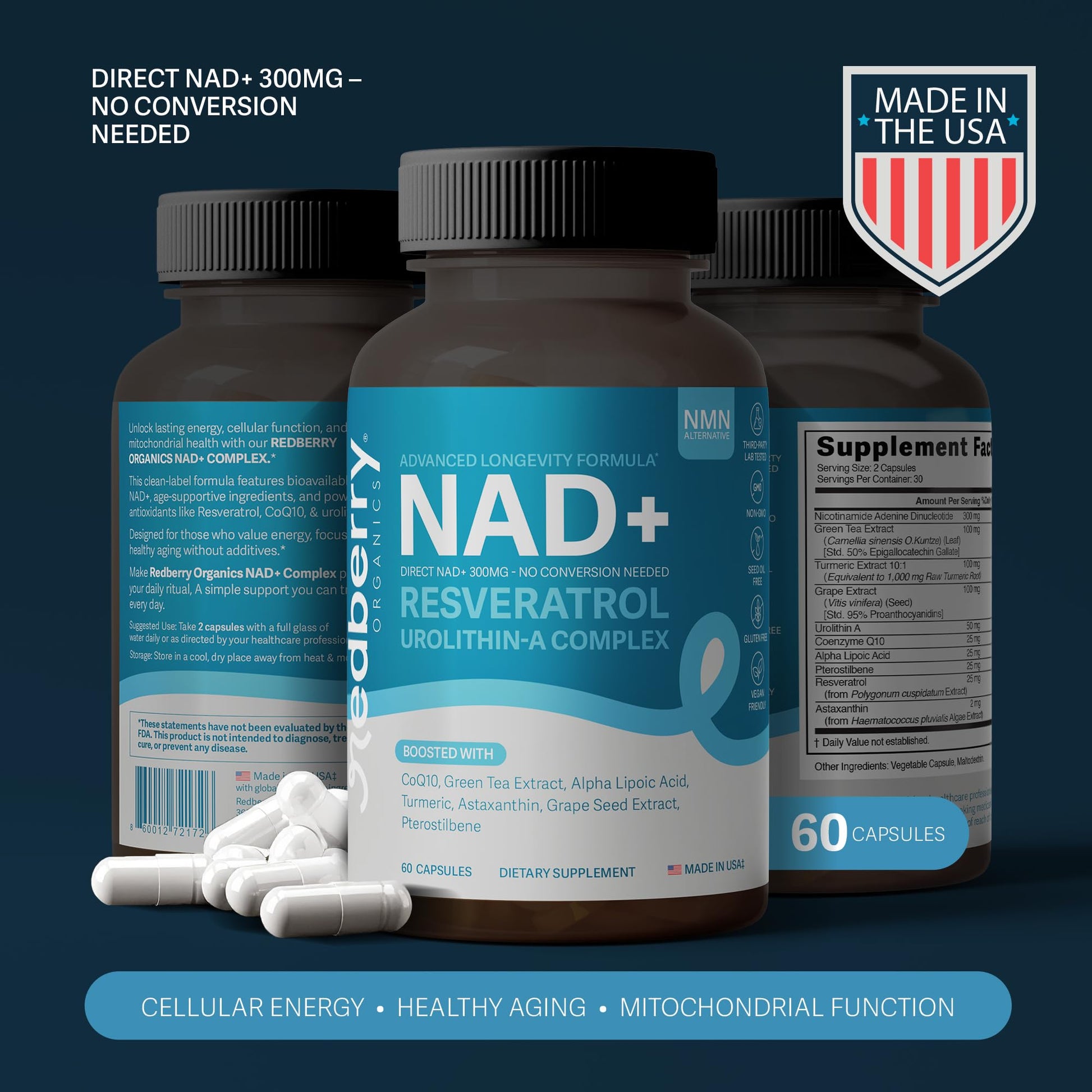 NAD Supplement with Direct NAD+ 300mg (NAD Plus) | Advanced Longevity Complex with Urolithin A & Resveratrol | NMN Alternative | 60 Capsules | Non-GMO, Gluten Free | Made in USA Redberry Organics uk supplements