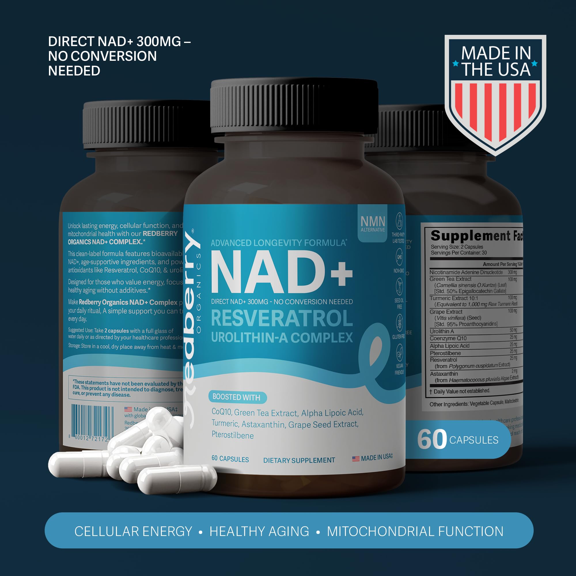 NAD Supplement with Direct NAD+ 300mg (NAD Plus) | Advanced Longevity Complex with Urolithin A & Resveratrol | NMN Alternative | 60 Capsules | Non-GMO, Gluten Free | Made in USA Redberry Organics uk supplements