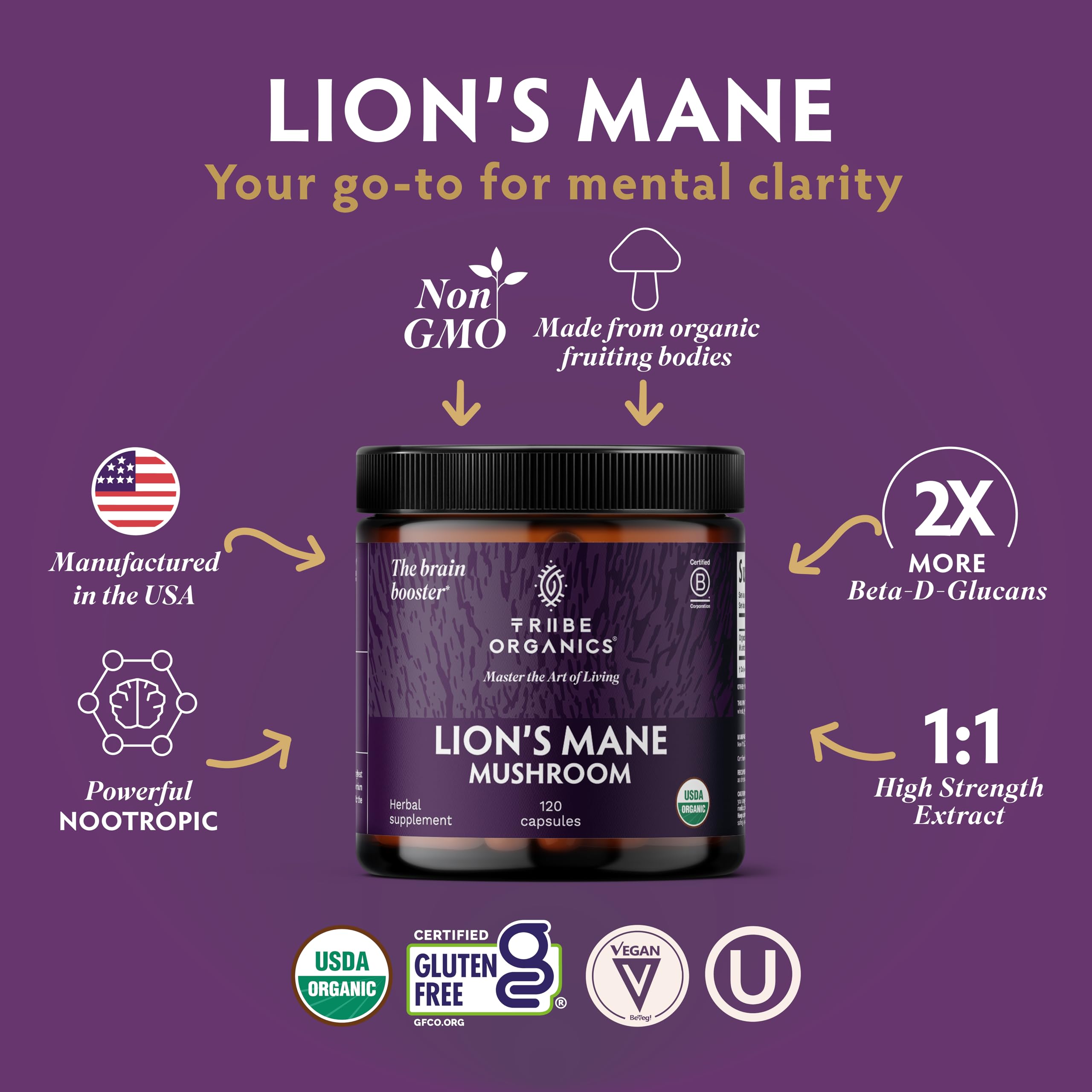 TRIBE ORGANICS Lion’s Mane Supplement 1000mg Mushroom Extract Powder - Immune System Booster & Brain Nootropic for Focus and Memory | Mental Clarity | Natural Energy and Immunity - 120 Vegan Capsules TRIBE ORGANICS uk supplements