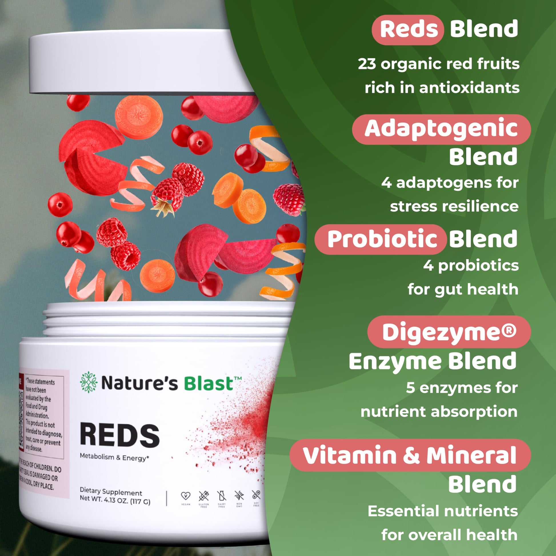 NATURES BLAST Reds - Metabolism and Energy Superfood Powder with 23 Red Fruits, 4 Adaptogens, Probiotics & Enzymes - Vegan Antioxidant Blend, 1 Bottle NATURES BLAST uk supplements