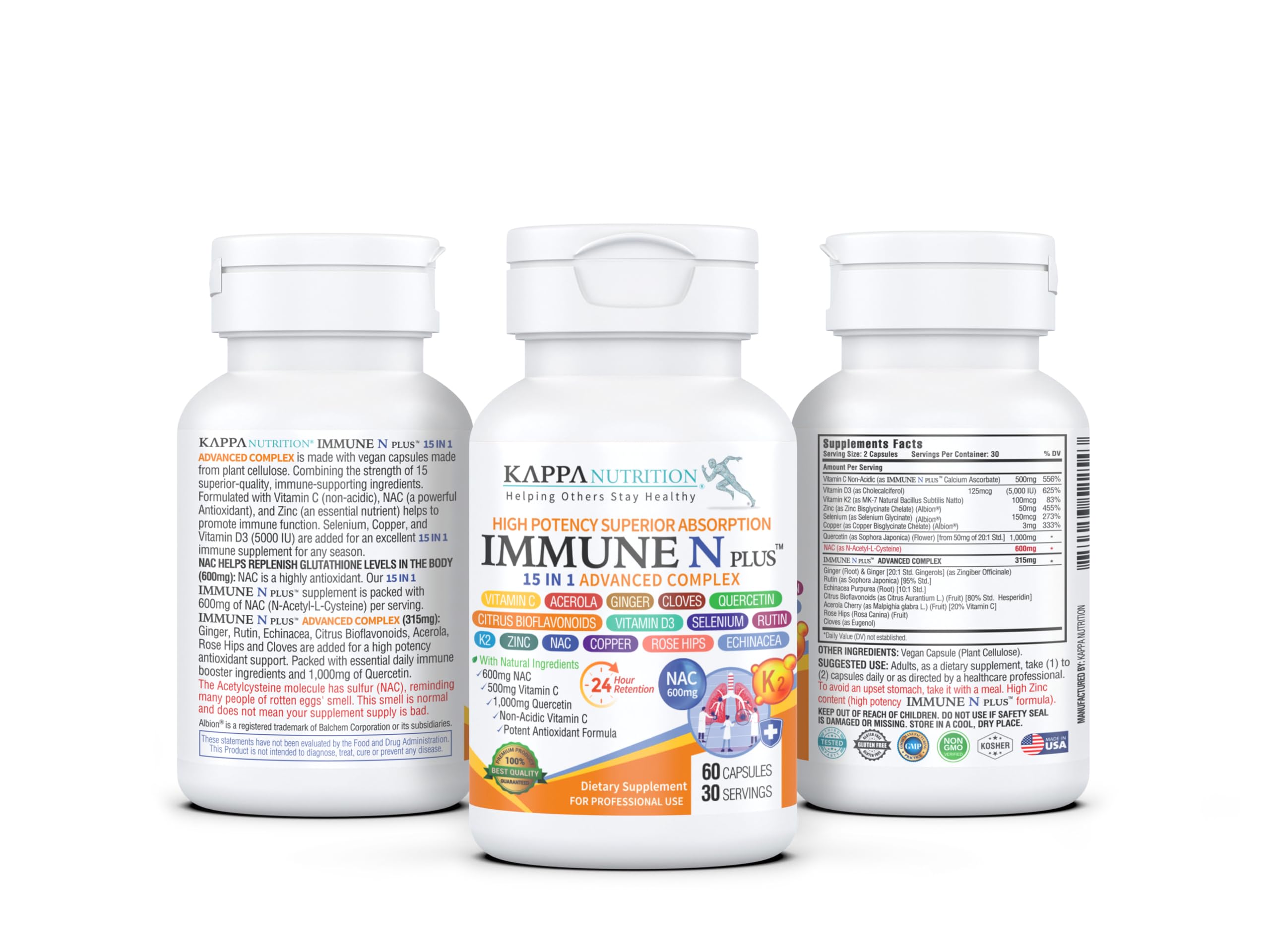 (60 Capsules), NAC 600mg, Quercetin 1,000mg, Vitamin C 500mg, Zinc 50mg, Vitamin D3 5,000iu, Selenium, Copper, Acerola, Ginger, Rutin, Citrus Bioflavonoids, Rose Hips, Echinacea, Immune N Plus 15 in 1 KAPPA NUTRITION uk supplements
