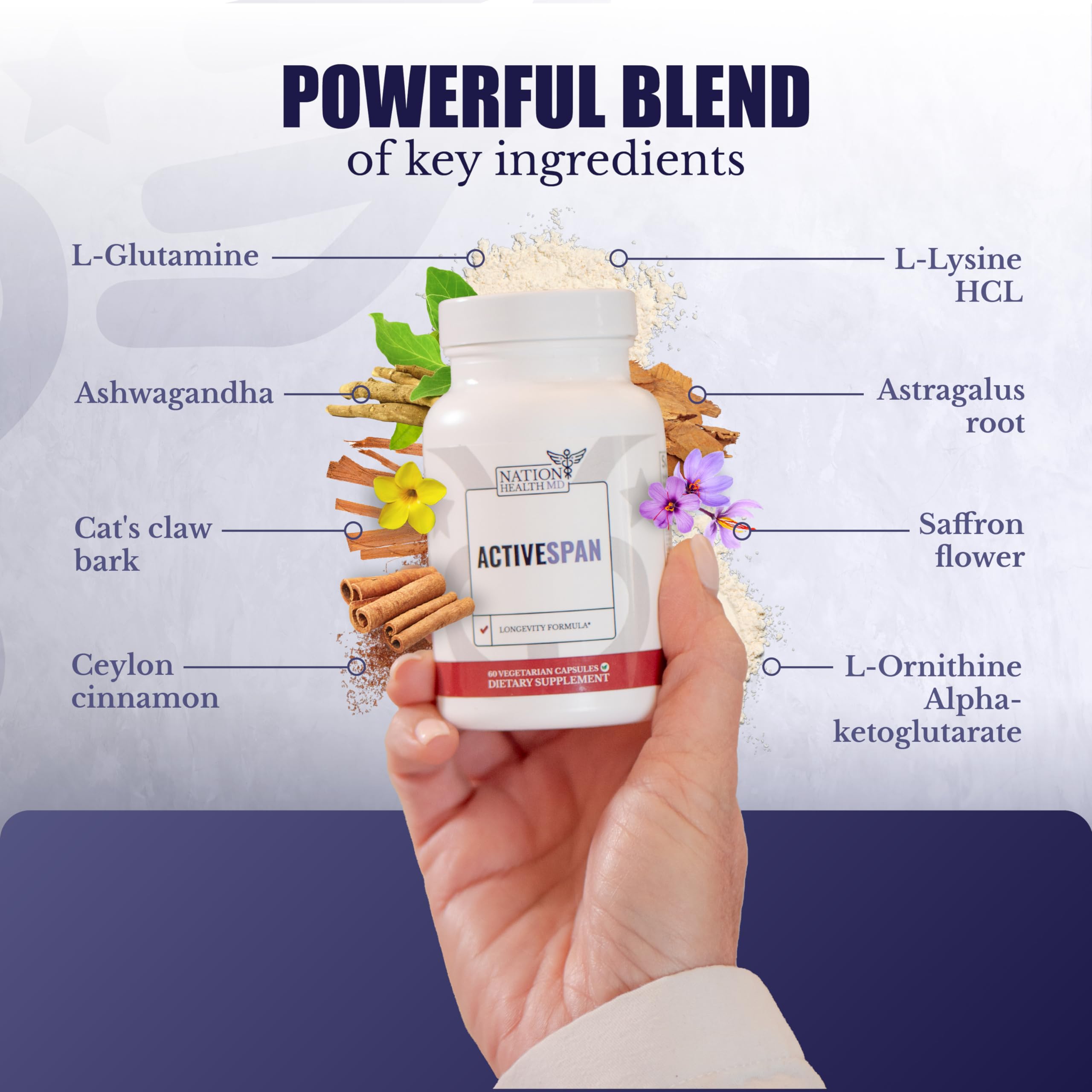 NATION HEALTH MD ActiveSpan - Longevity Supplement for Anti Aging - with Ashwagandha Extract, Astragalus, Cat's Claw, Ceylon Cinnamon, L-Lysine, L-Glutamine & More - 60 Capsules NATION HEALTH MD uk supplements