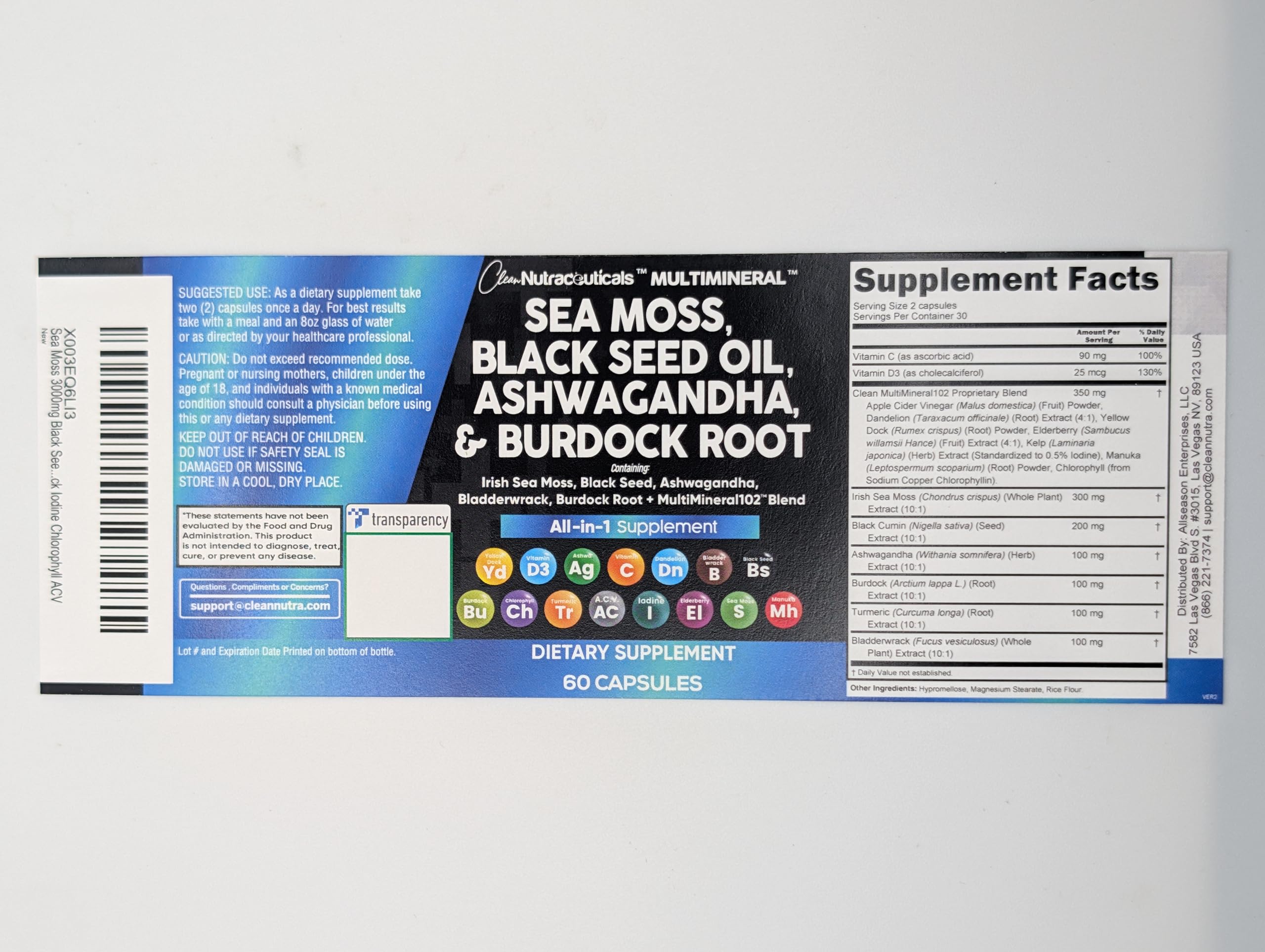 Sea Moss Black Seed Oil Ashwagandha Turmeric Bladderwrack Burdock & Vitamin C Vitamin D3 with Elderberry Manuka Dandelion Yellow Dock Iodine Chlorophyll ACV - 5Pack Clean Nutraceuticals uk supplements