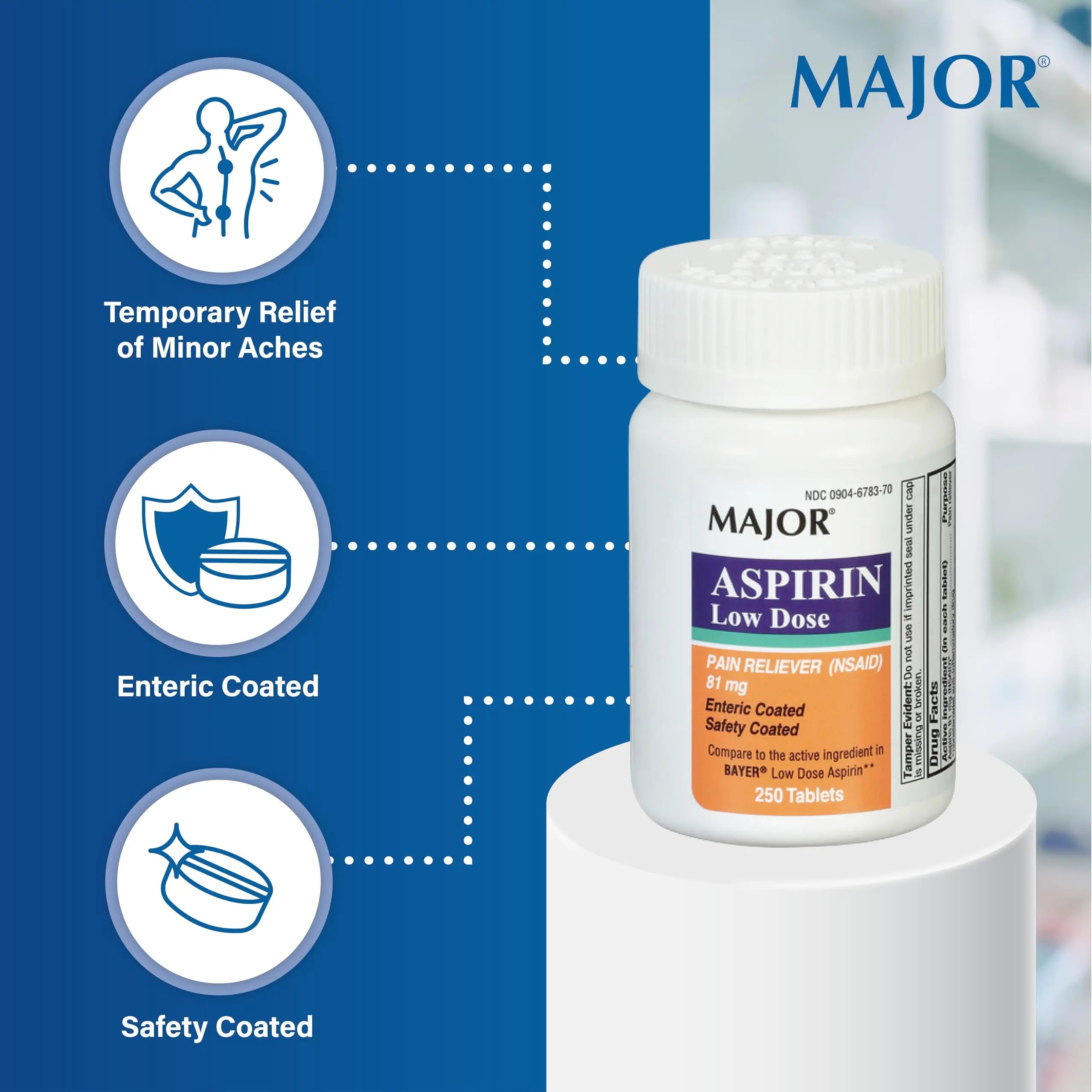 MAJOR Aspirin Low Dose 81 Mg - Pain Reliever (NSAID) - Enteric Coated - 250 Tablets MAJOR uk supplements