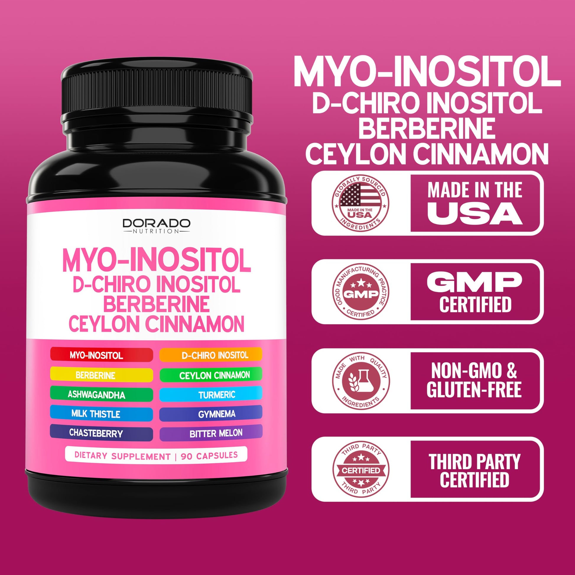 Myo-Inositol & D-Chiro Inositol Supplement For Women (90 Capsules, 40:1 Ratio Myo Inositol) Hormone Balance for Women - 10 in 1 Formula - Third Party Tested, Vegan Safe & USA Made - (90 Count) DORADO NUTRITION uk supplements