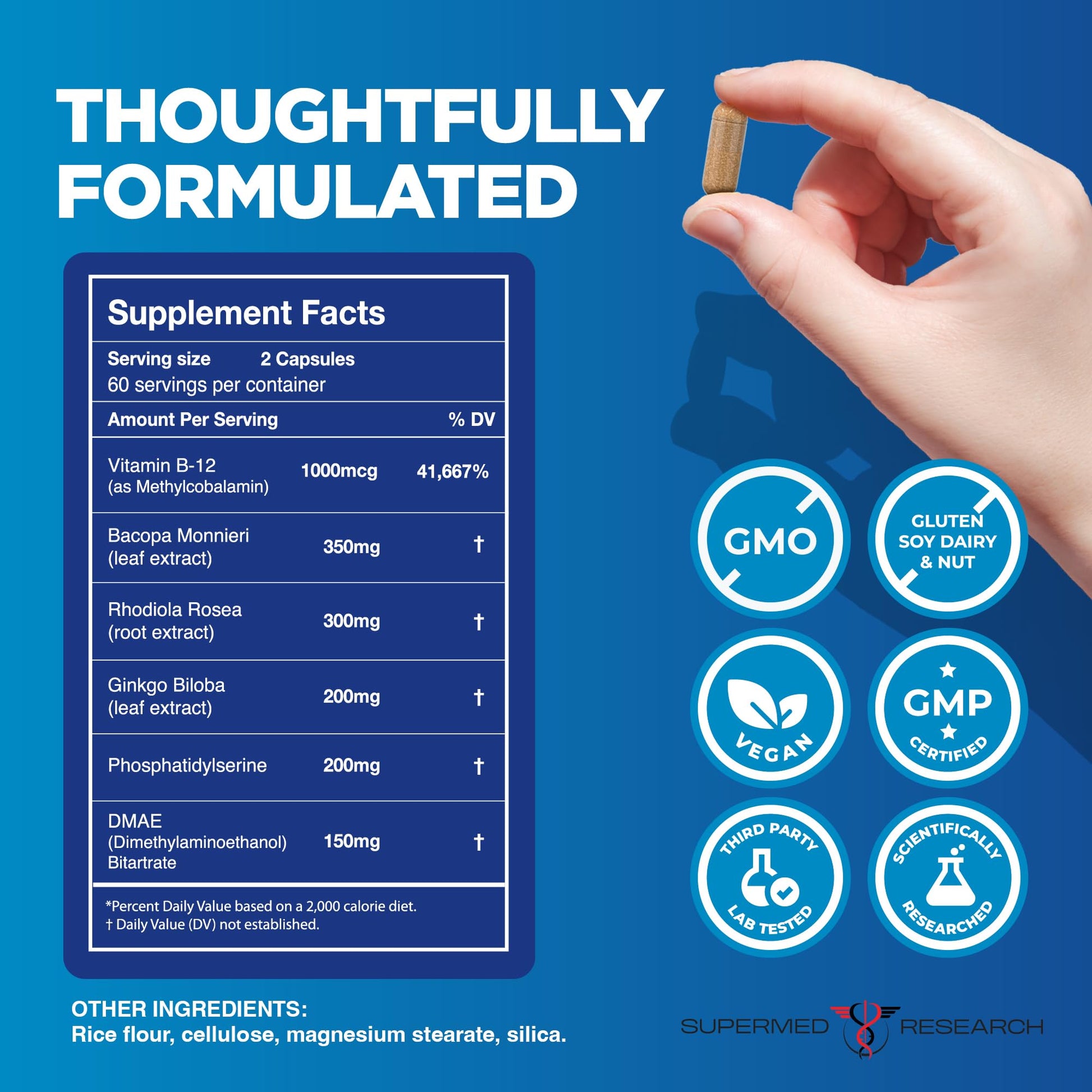 Supermed Research Mental Clarity & Focus Supplement with Bacopa, Rhodiola, Ginkgo Biloba, Huperzine, Vitamin B12, DMAE – Vegan Nootropic Brain Supplement for Memory and Brain Health (120 Capsules) Supermed Research uk supplements