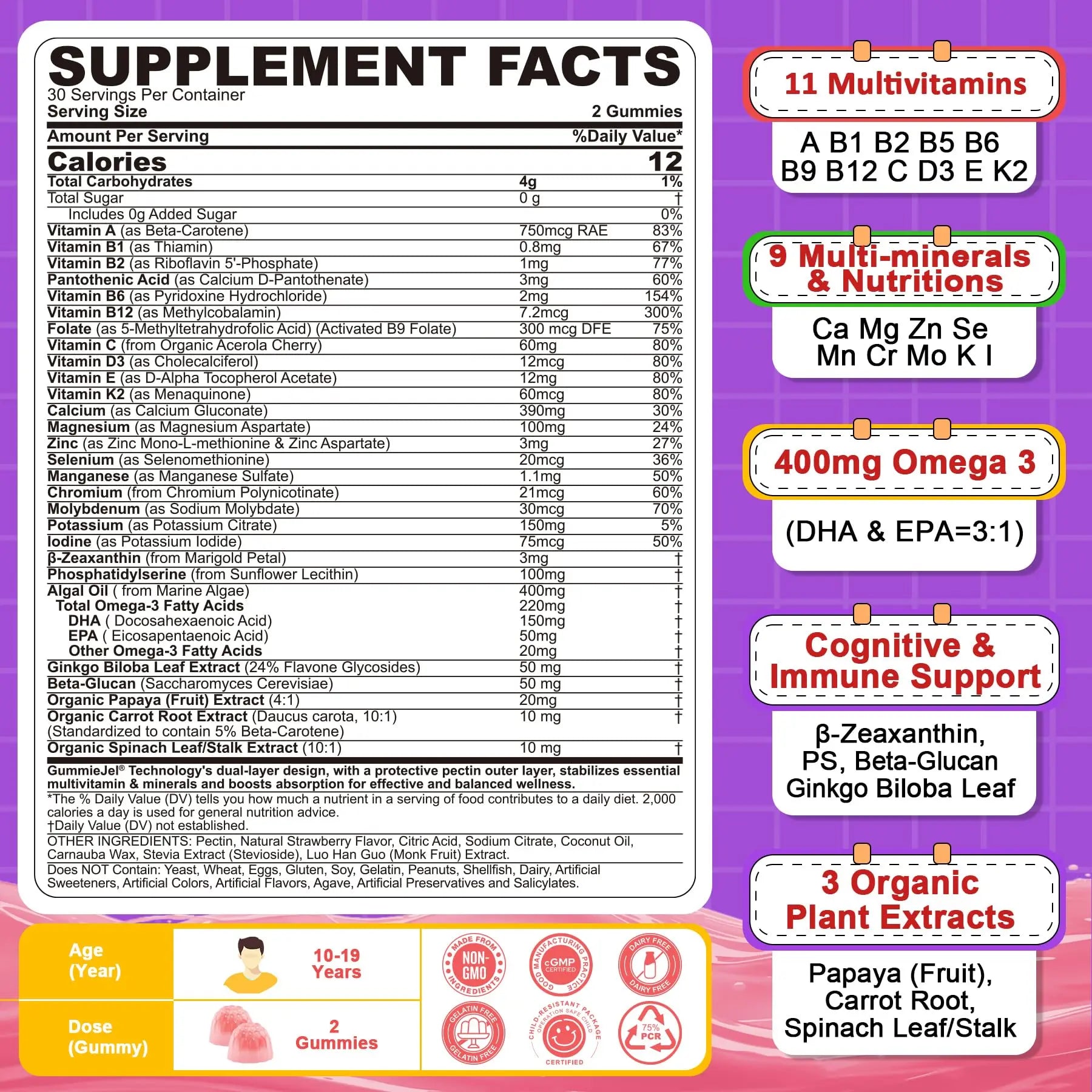 Nextdia Multivitamin Filled Gummies for Teen Boys Girls 12-17, 18, 19, Kids 10+ Multivitamin with Omega 3, Calcium + Magnesium + Zinc, Multi-Minerals Nextdia uk supplements