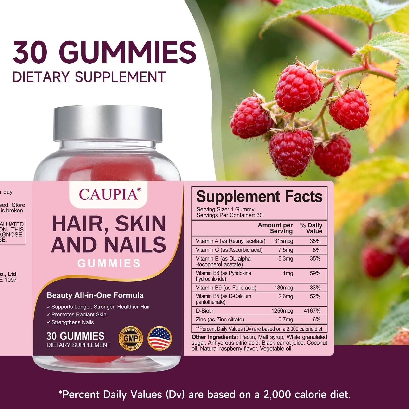 CAUPIA Hair Skin and Nails Gummies, All-in-One Advanced Formula Supports Hair Growth - Skin Health & Nail Strength - 30 Gummies CAUPIA uk supplements
