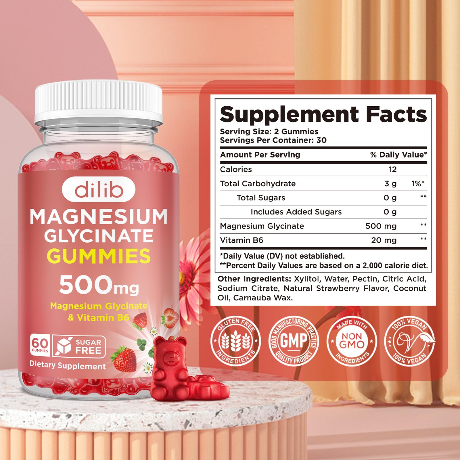 Magnesium Glycinate Gummies 500mg - Magnesium Supplement with Vitamin B6 for Adults & Magnesium for Kids - Calm Magnesium for Sleep, Mood, Muscle Support - Strawberry Flavor, 60 Gummies dilib uk supplements