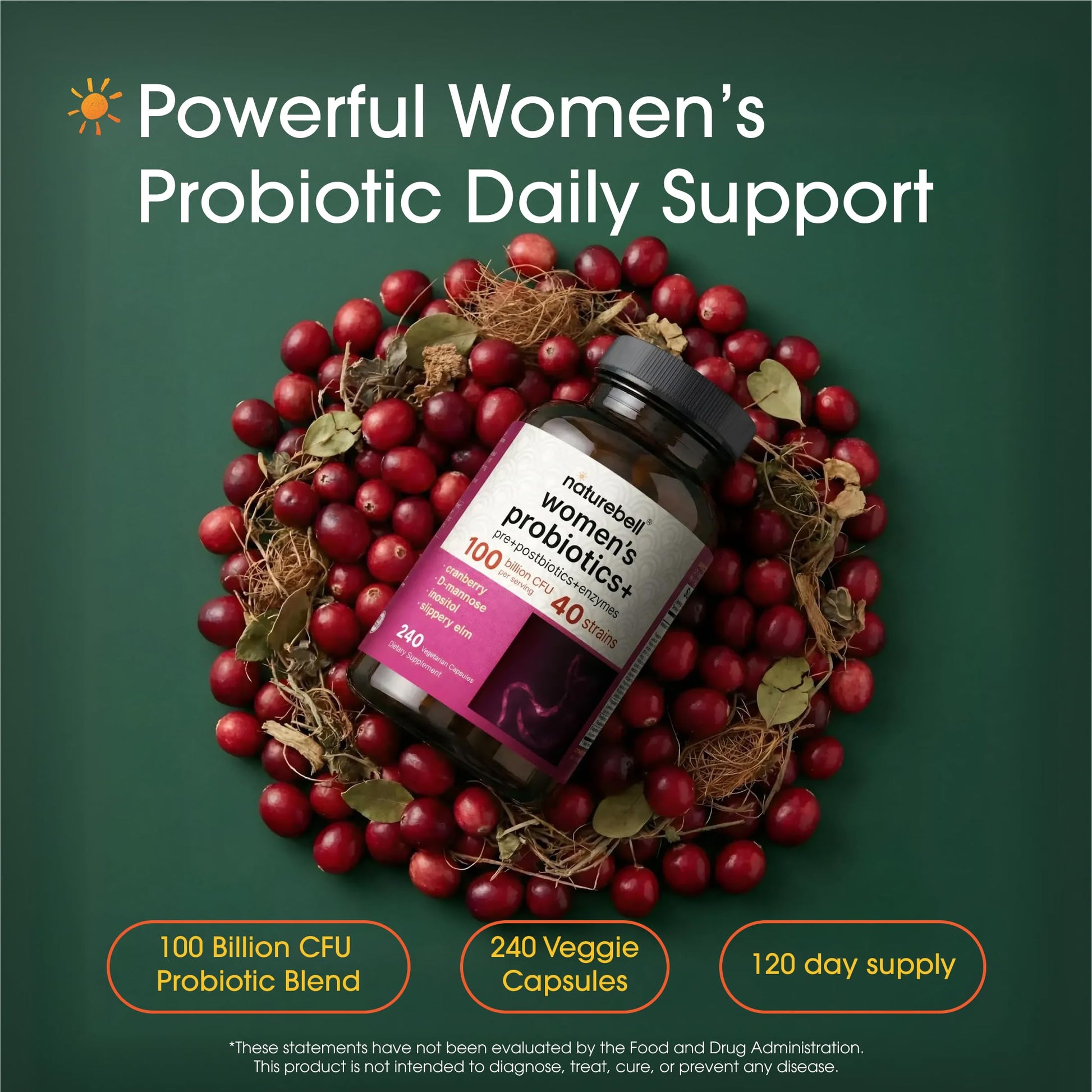 NatureBell Women's Probiotics+ - 240 Vegetarian Capsules - Prebiotic, Probiotic, Postbiotic & Digestive Enzymes - Made with Cranberry, D-Mannose, Inositol & More NatureBell uk supplements