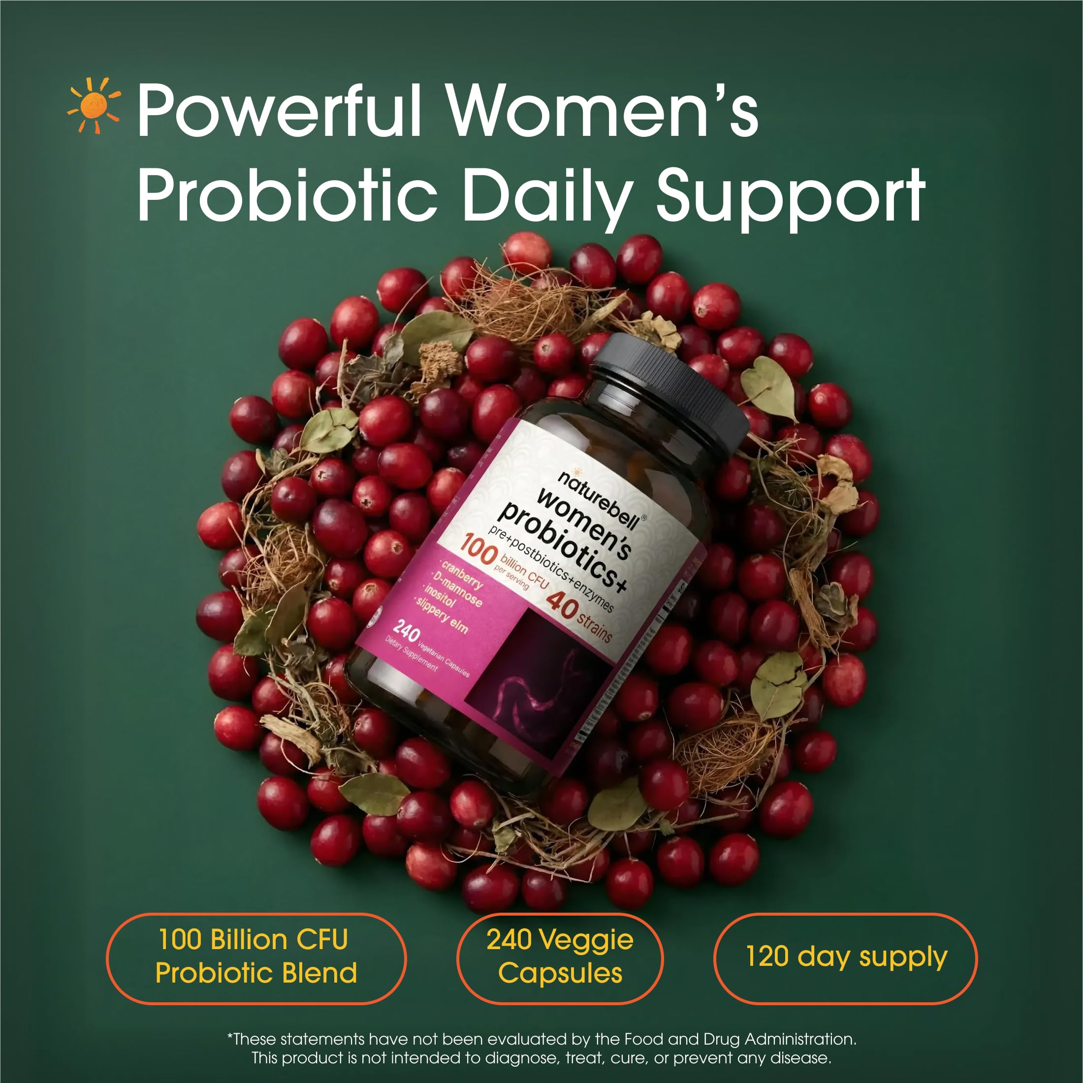 NatureBell Women's Probiotics+ - 240 Vegetarian Capsules - Prebiotic, Probiotic, Postbiotic & Digestive Enzymes - Made with Cranberry, D-Mannose, Inositol & More NatureBell uk supplements