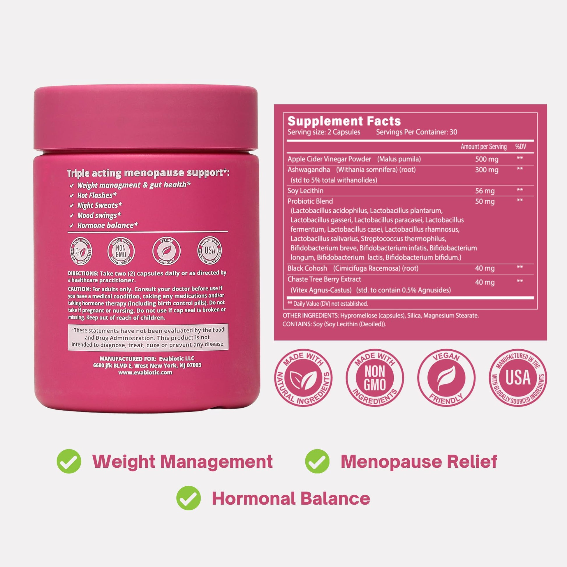 Complete Menopause Vitamins - Ashwaghanda, Probiotics, ACV for Weight Management, Hot Flashes, Night Sweats, Bloat, Hormone Balance - Vegan 60 Caps Menopause Supplements for Women Non-GMO EVABIOTIC uk supplements