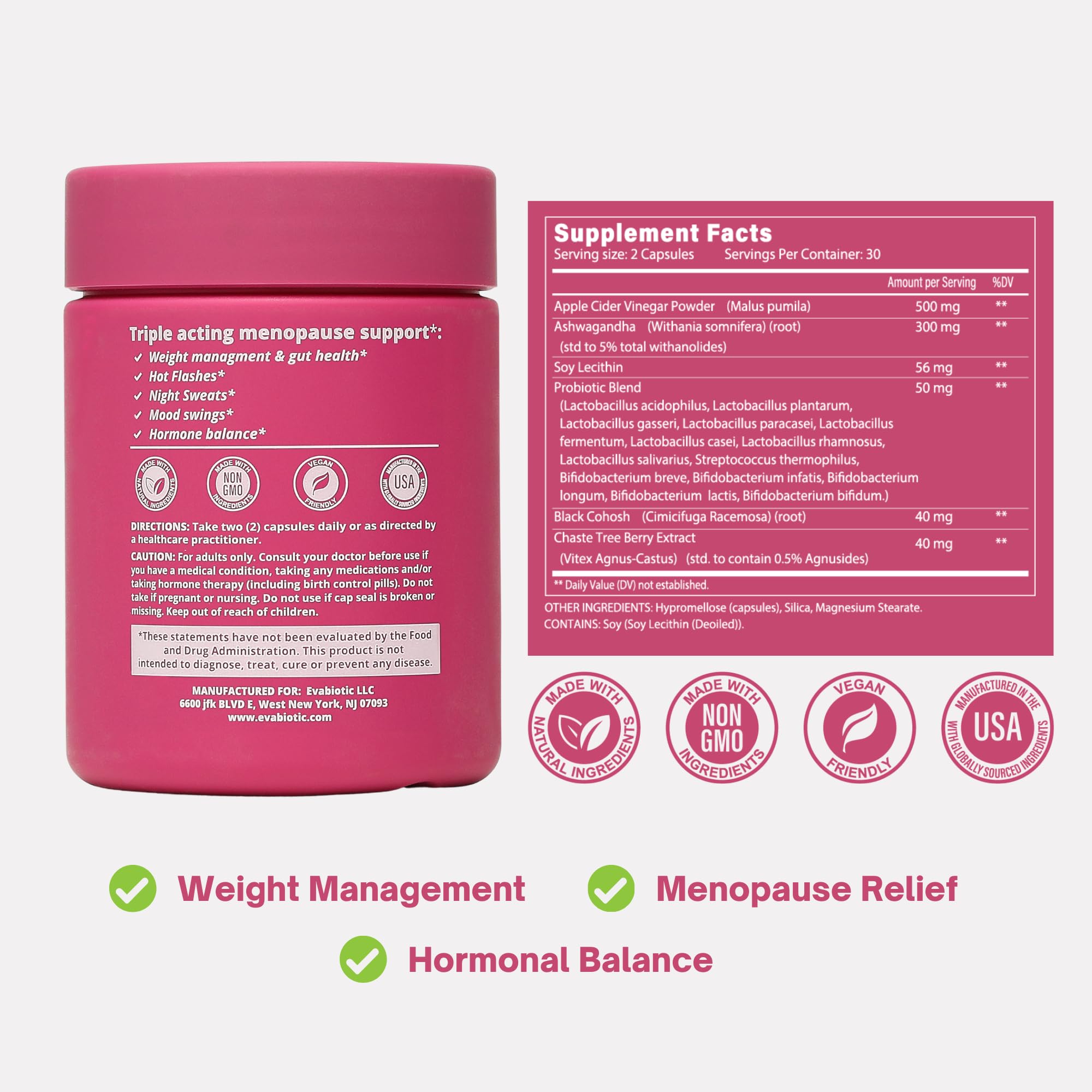 Complete Menopause Vitamins - Ashwaghanda, Probiotics, ACV for Weight Management, Hot Flashes, Night Sweats, Bloat, Hormone Balance - Vegan 60 Caps Menopause Supplements for Women Non-GMO EVABIOTIC uk supplements