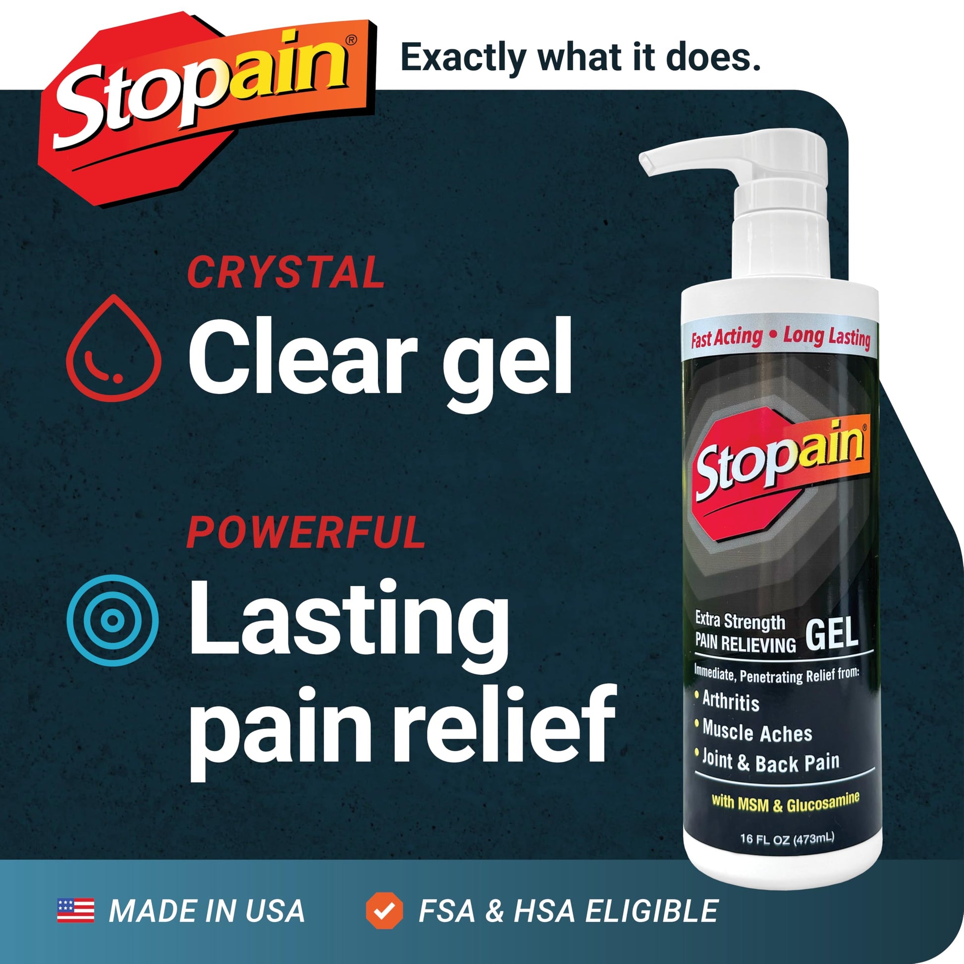 Stopain Pain Relief Gel 16oz, USA Made, Max Strength Fast Acting with Menthol, MSM, Glucosamine for Joint Pain, Back Pain, Arthritis, Knee, Neck Pain, HSA FSA Approved OTC Topical Analgesic Product Stopain uk supplements