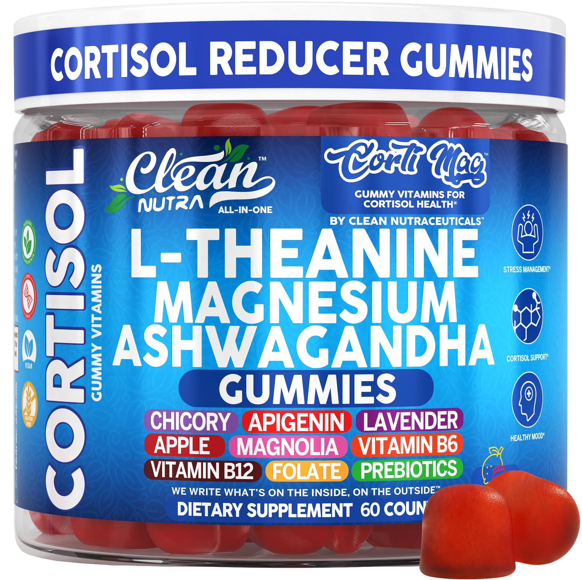 Clean Nutra Cortisol Supplement Gummies L-Theanine Magnesium Ashwagandha Apigenin Vitamin B6 Sleep and Calm Support Lavender Chicory Prebiotic Advanced Gummy Formula Clean Nutraceuticals uk supplements