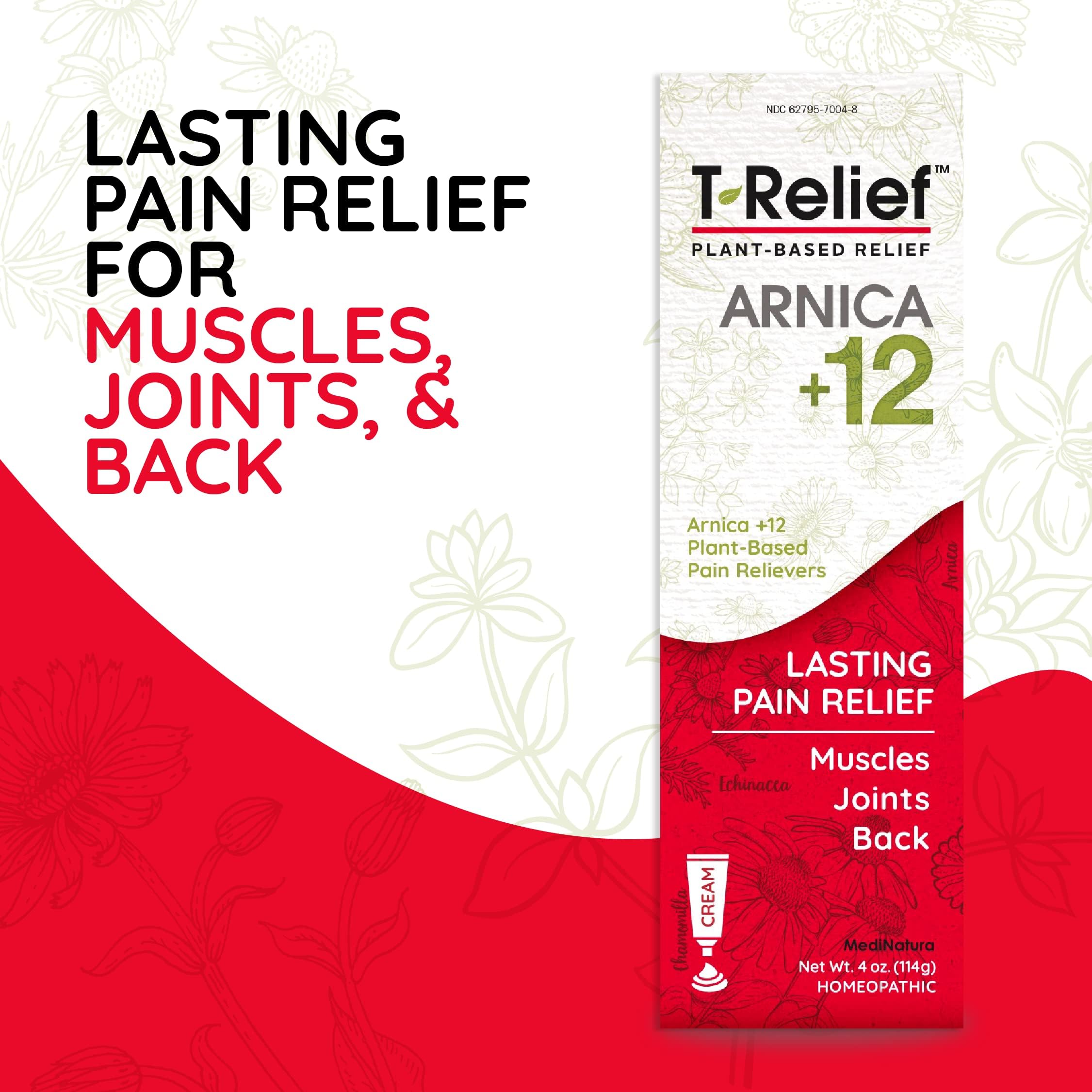T-Relief Arnica +12 Cream Natural Actives for Back Pain Joint Soreness Muscle Aches & Stiffness, Whole Body Fast Acting Relief for Women & Men - 4 oz MediNatura uk supplements